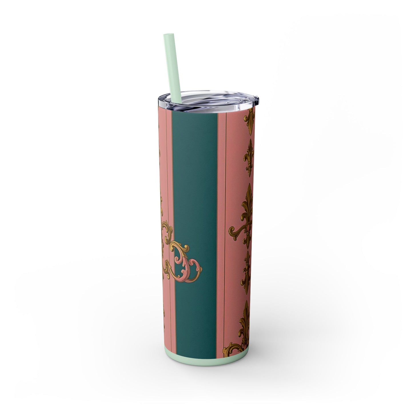 Elegant Pink and Green Skinny Tumbler with Straw, 20oz - Ideal for Gifts, Travel, Home, Events - Pink & Teal Striped Gold Baroque