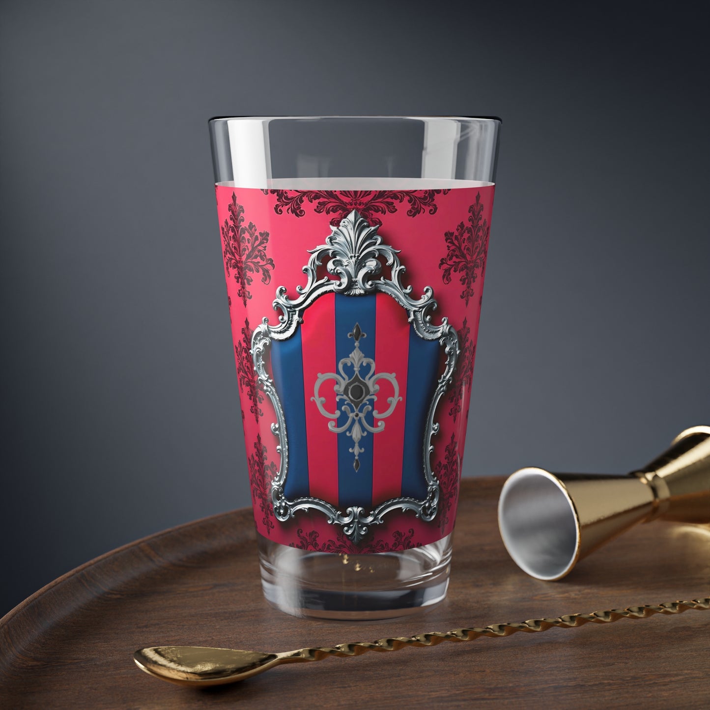 Elegant Mixing Glass | Pink & Silver Vintage Style | 16oz Cocktail Glass | Perfect Barware Gift | Party Glassware - Blue & Red Striped Silver Crest