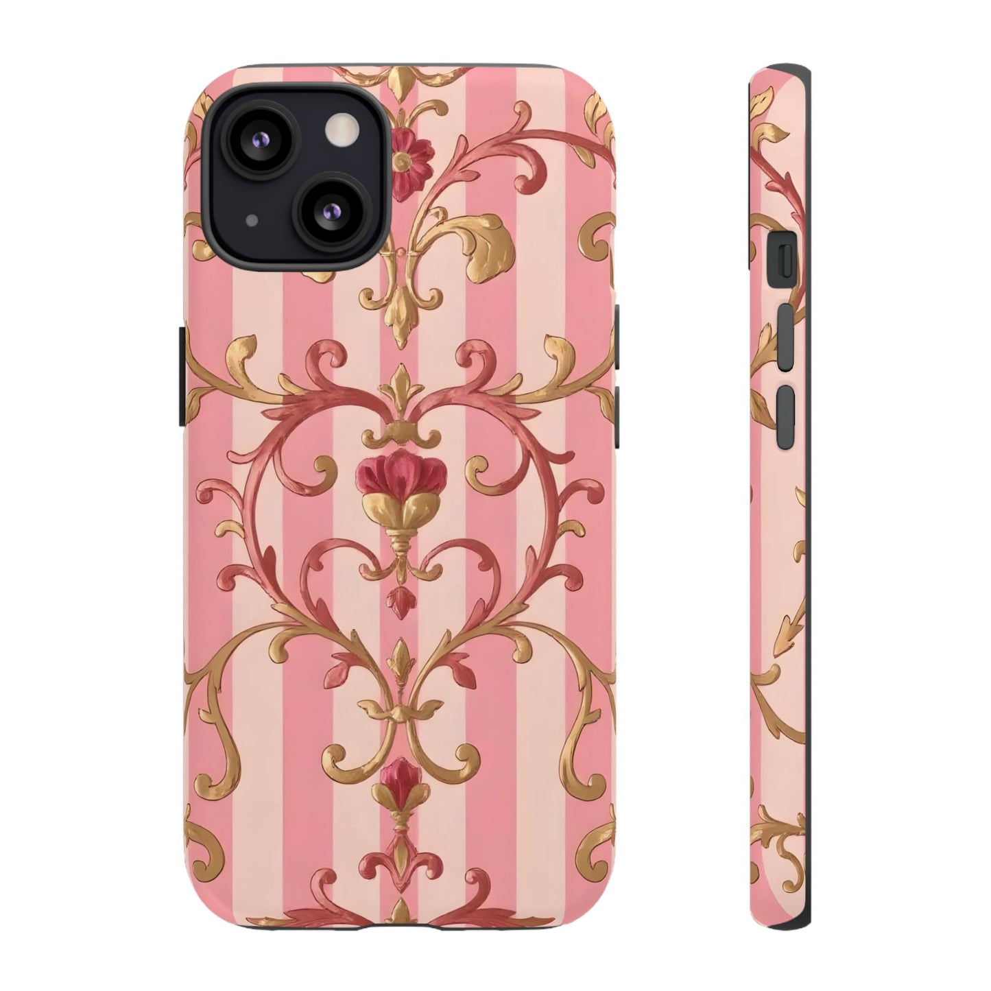 Elegant Floral Motif Phone Case - Tough Cases with Vintage Design - Pink Striped Rose Gold Damask