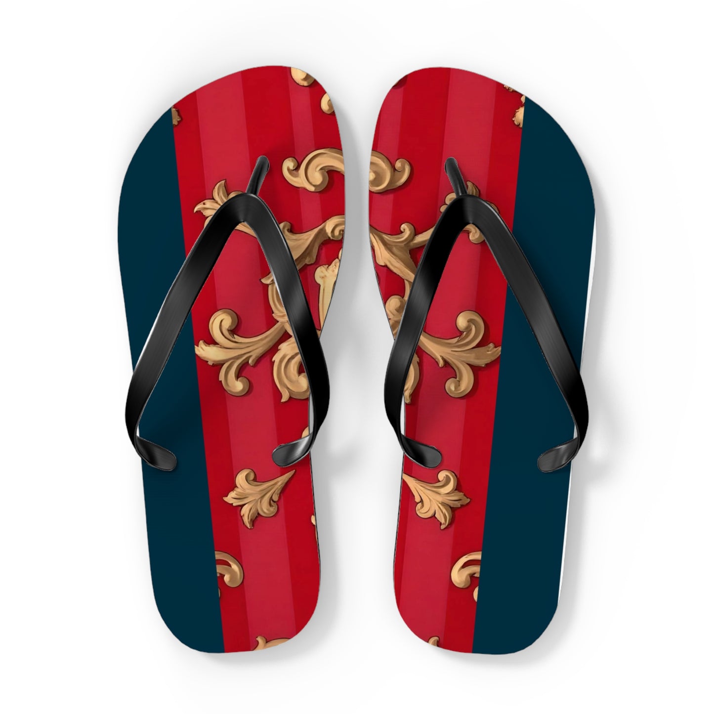 Stylish Flip Flops for Summer Fun, Beach Footwear, Vacation Sandals, Poolside Flip Flops, Casual Summer Shoes - Blue & Red Striped Baroque