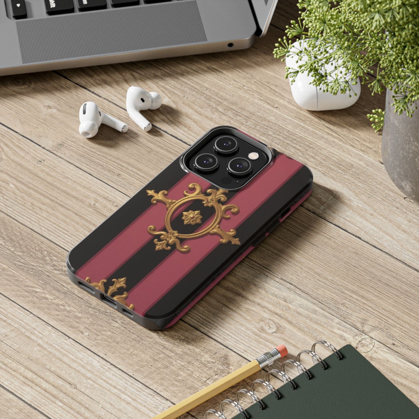 Elegant Black & Mauve Striped Gold Baroque Tough Phone Cases, Luxe Phone Covers, Fashionable Mobile Cases, Gift for Her, Holiday Phone Accessories