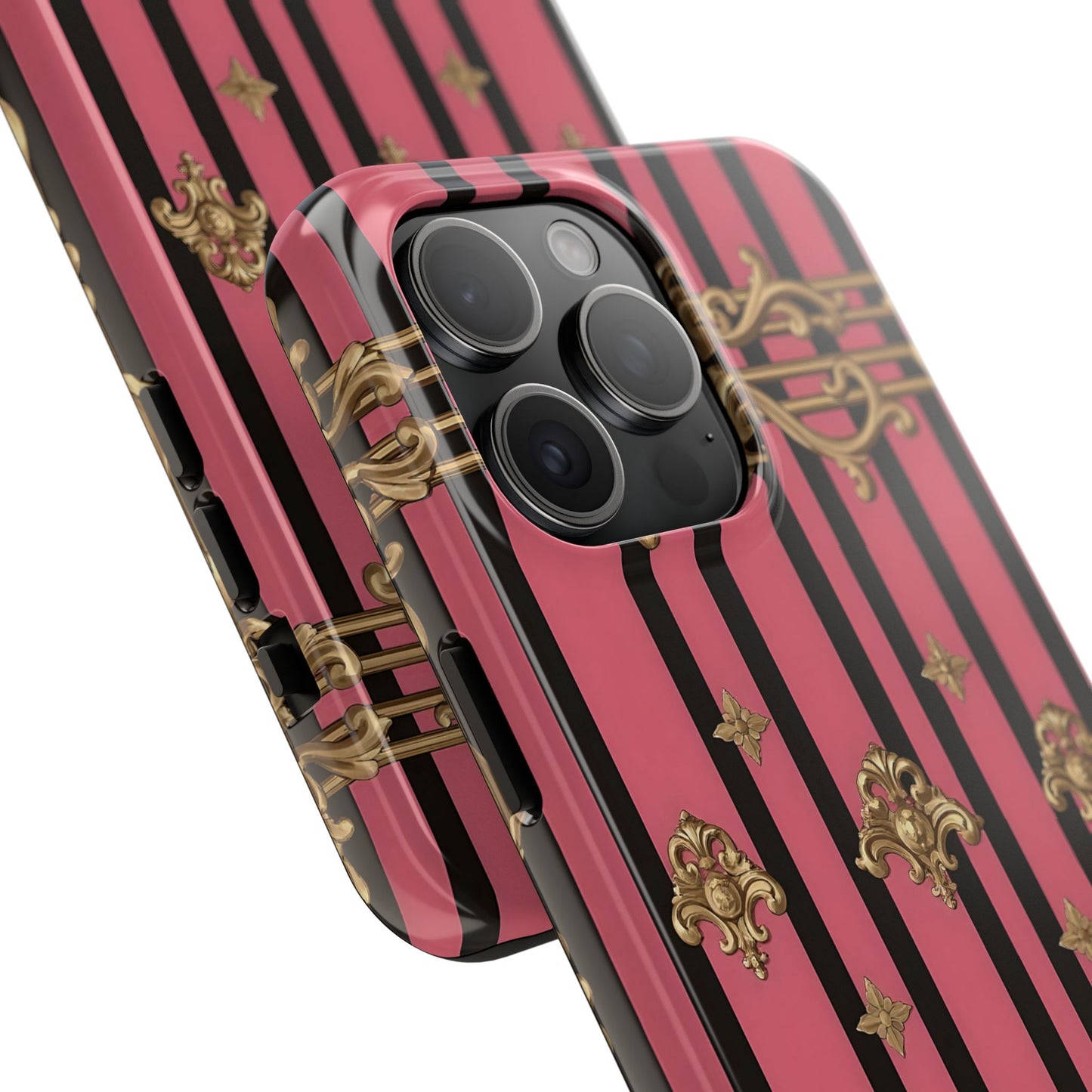 Elegant Floral Phone Cases, Stylish Protective Case for Trendy Individuals, Unique Gift for Tech Lovers, Phone Accessories - Pink Striped Gold Rococo
