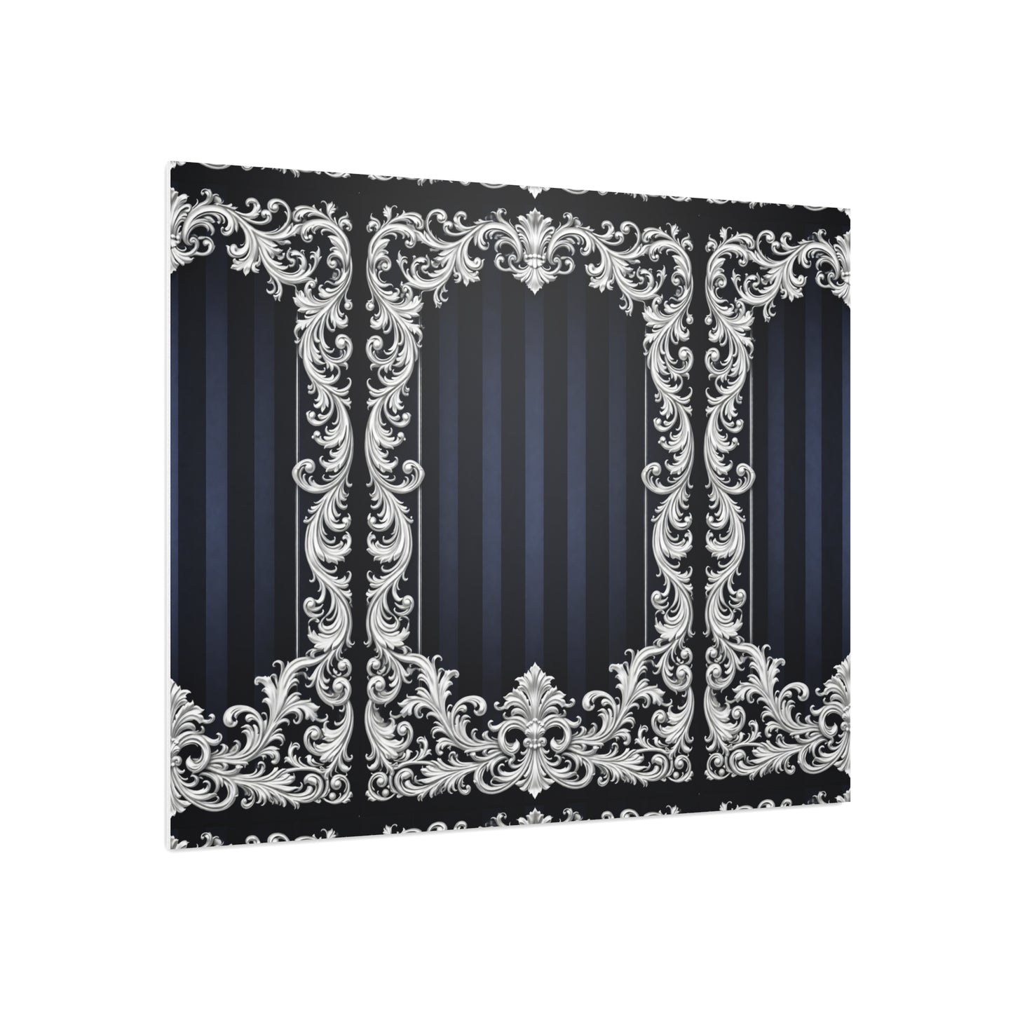 Navy Stripes & Baroque Foam Board Backdrop — Ornate Silver Scroll Panel
