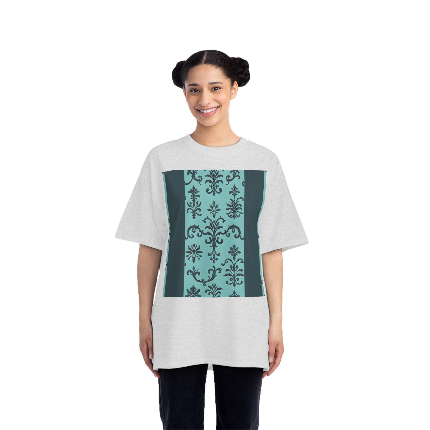 Elegant Floral T-Shirt - Vintage Design, Casual Wear, Gift for Her, Summer Fashion, Stylish Tee - Teal Striped Rococo