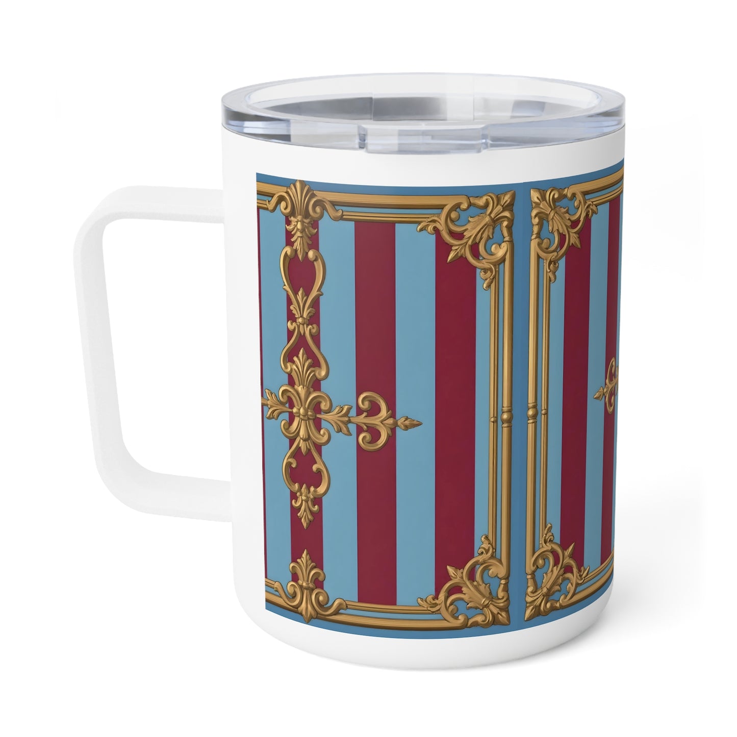 Elegant Insulated Coffee Mug, 10oz - Vintage Design for Coffee Lovers, Perfect Gift for Birthdays - Sky Blue & Maroon Striped Baroque
