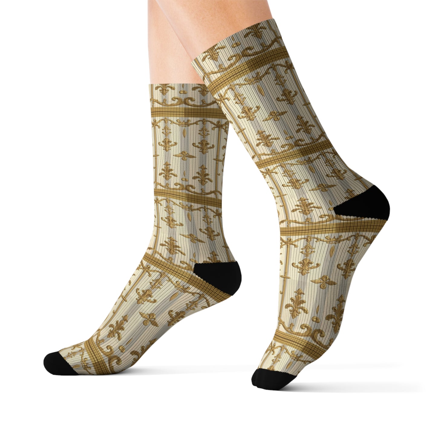 Stylish Sublimation Socks with Elegant Pattern, Unique Gift for Fashion Lovers, Cozy Fashion Statement - Matte Gray & Cream Striped Gold Baroque