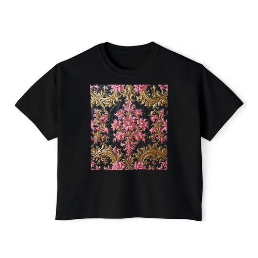 Floral Print Women's Boxy Tee, Vintage Floral Shirt, Casual Everyday Tee, Gift for Her, Summer Outfit - Black & Pink Oil Painting Style Rococo