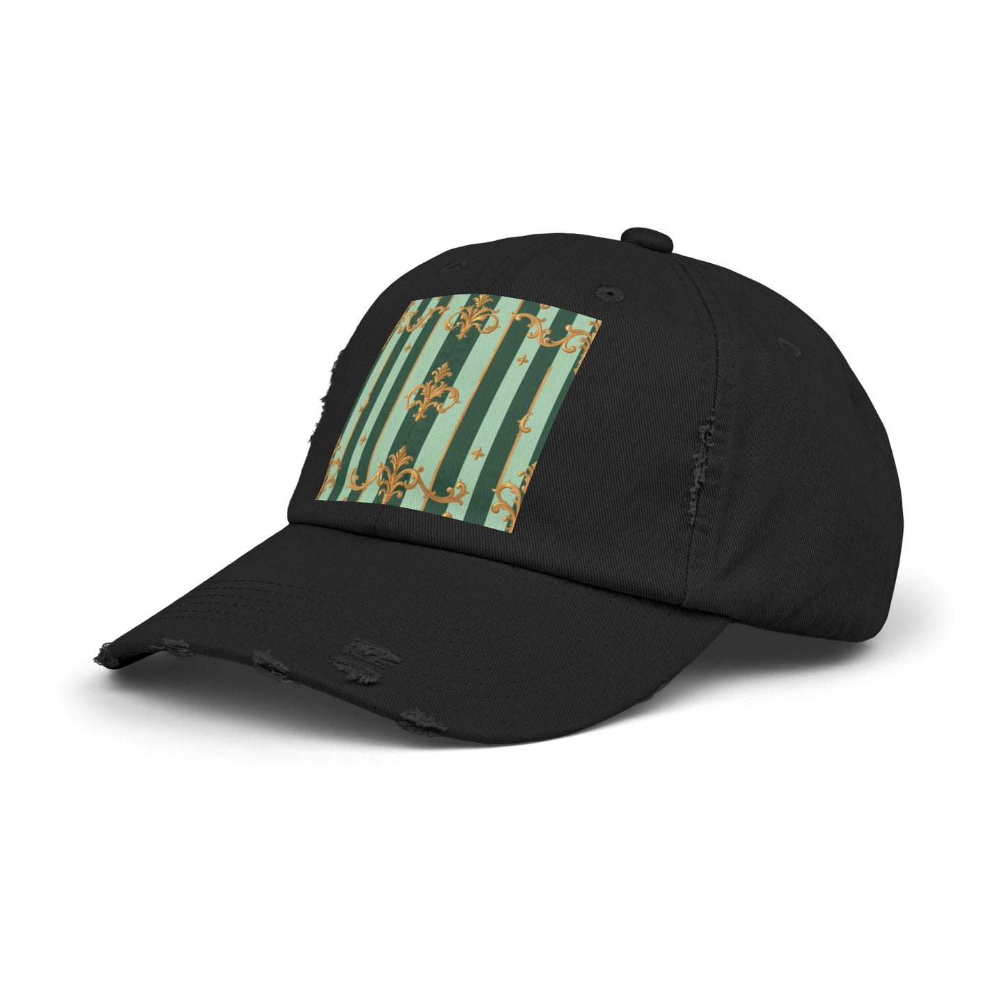 Vintage Chic Unisex Distressed Cap - Fashion Hat, Casual Headwear, Trendy Accessory, Gift for Him/Her - Mint Green & Teal Striped Gold Baroque