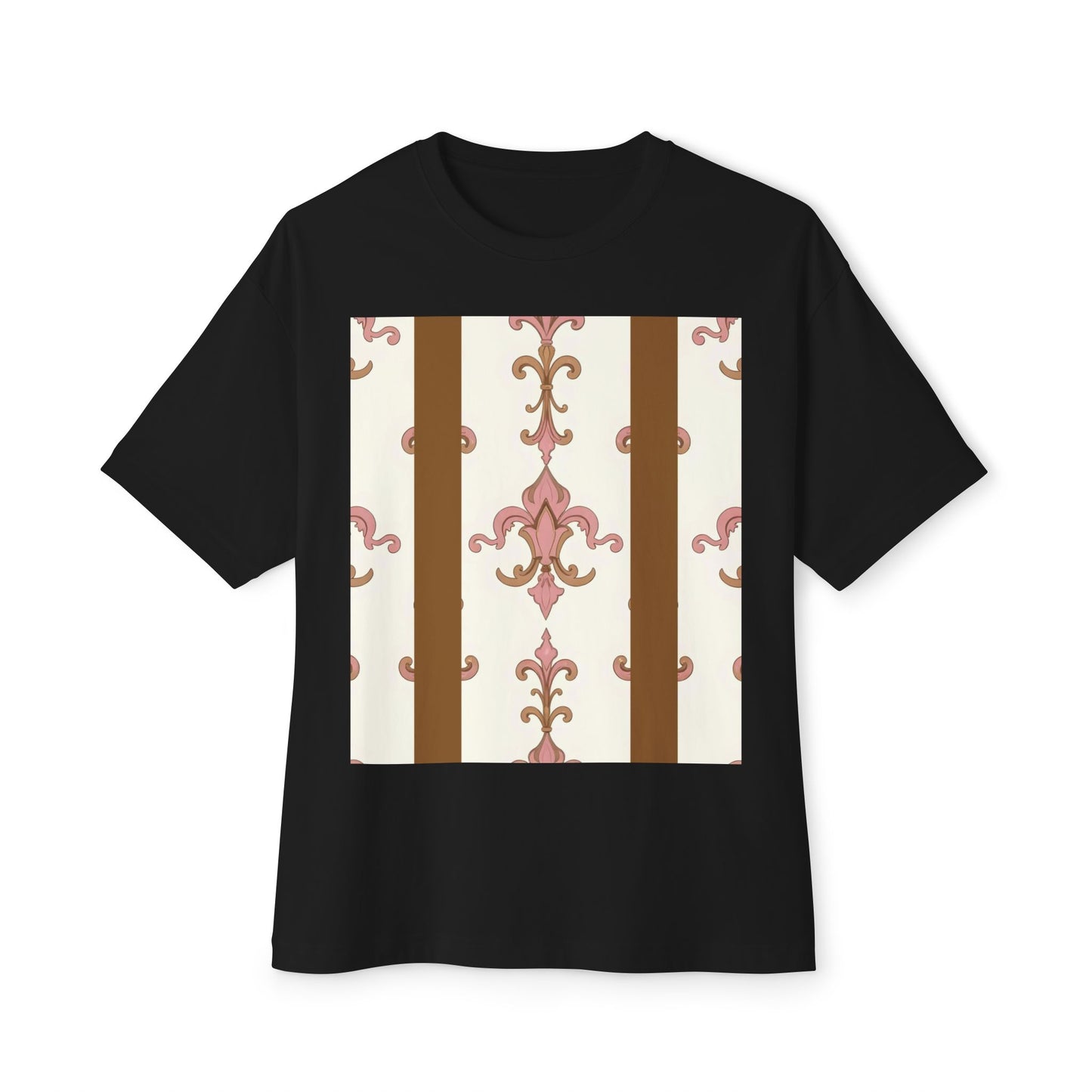 Chic Floral Boxy Tee, Oversized Unisex Tee, Casual Style Shirt, Summer Fashion Top, Gift for Trendsetters - Brown Striped Pink Arabesque