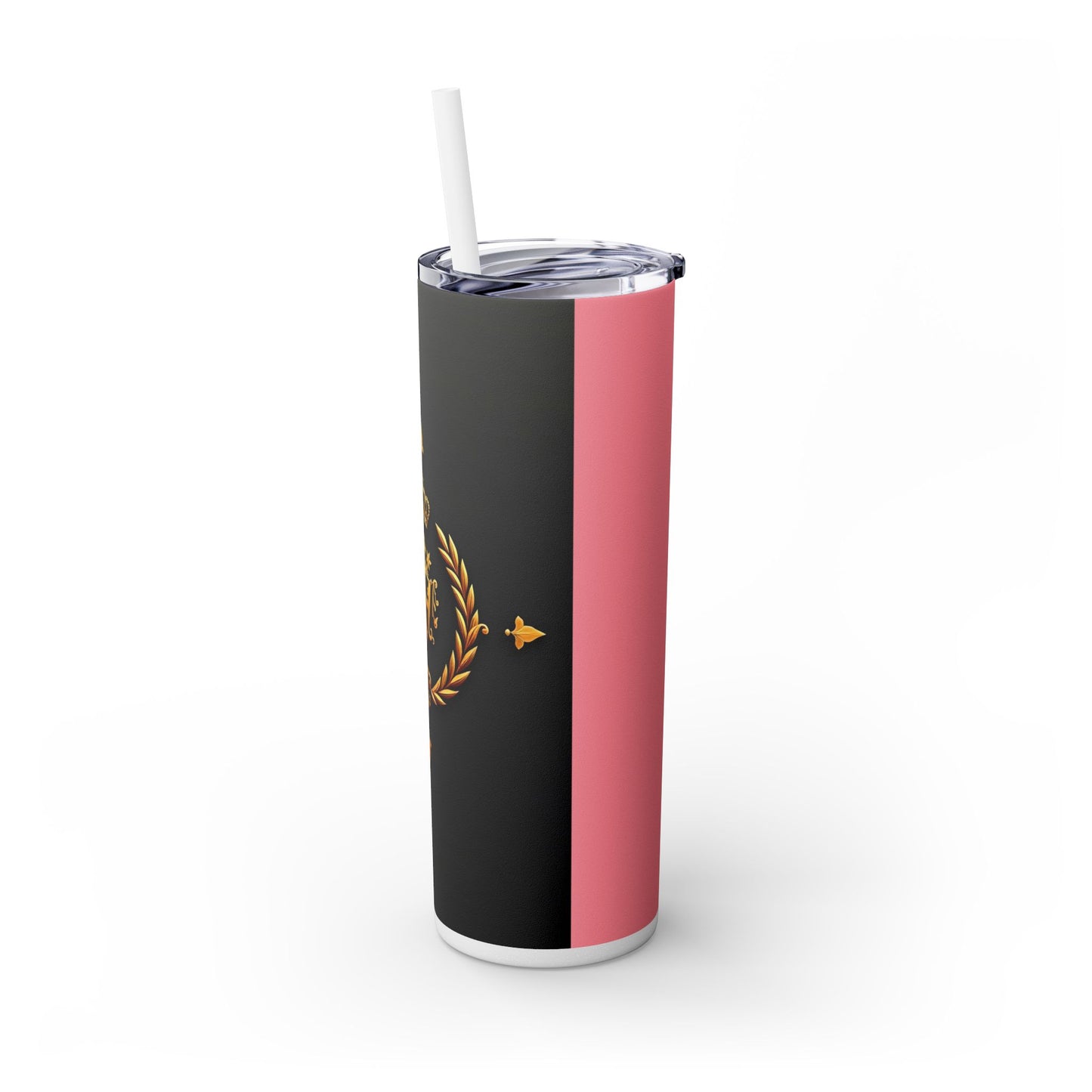 Elegant Royal Themed Skinny Tumbler, Chic Drinkware for Parties, Daily Hydration, Gifts for Her, Travel Mug, Reusable Straw - Pink Striped Gold Crest