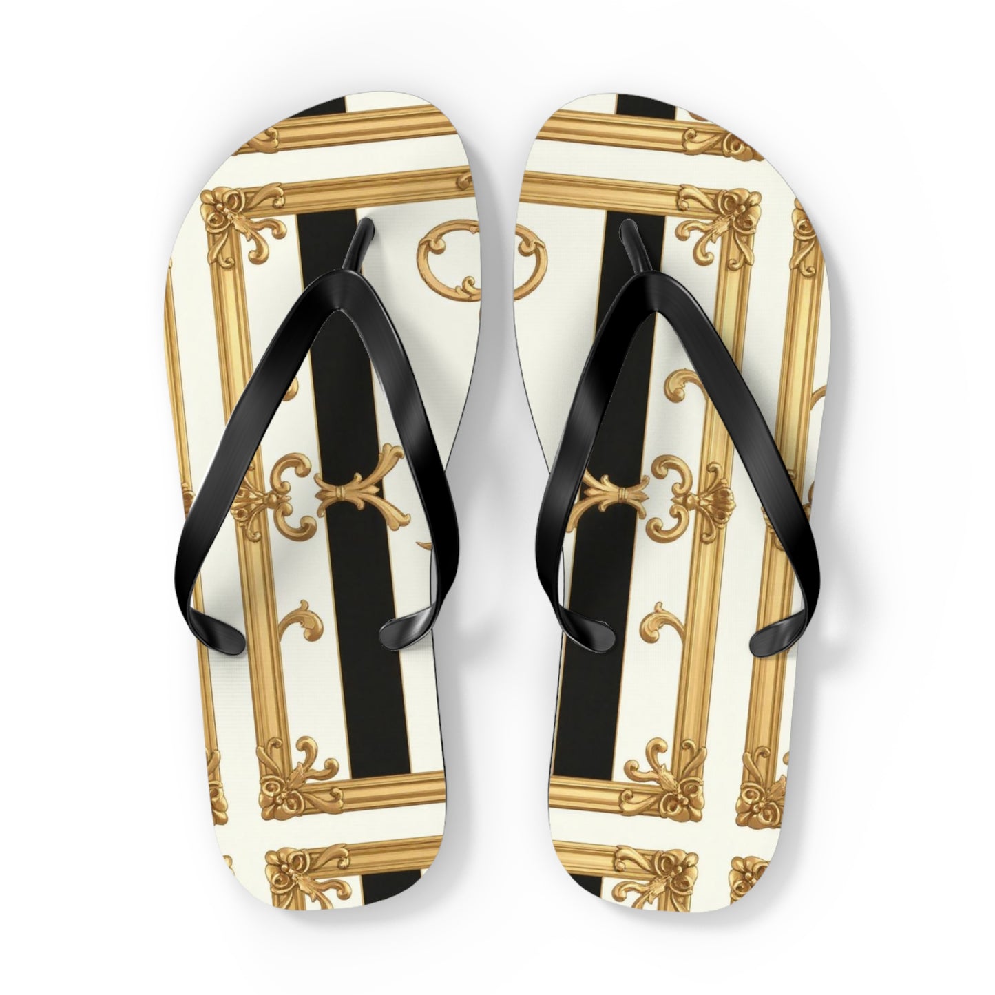 Chic Flip Flops with Elegant Design, Summer Sandals, Perfect Beach Footwear, Vacation Footwear - Black & White Striped Gold Baroque