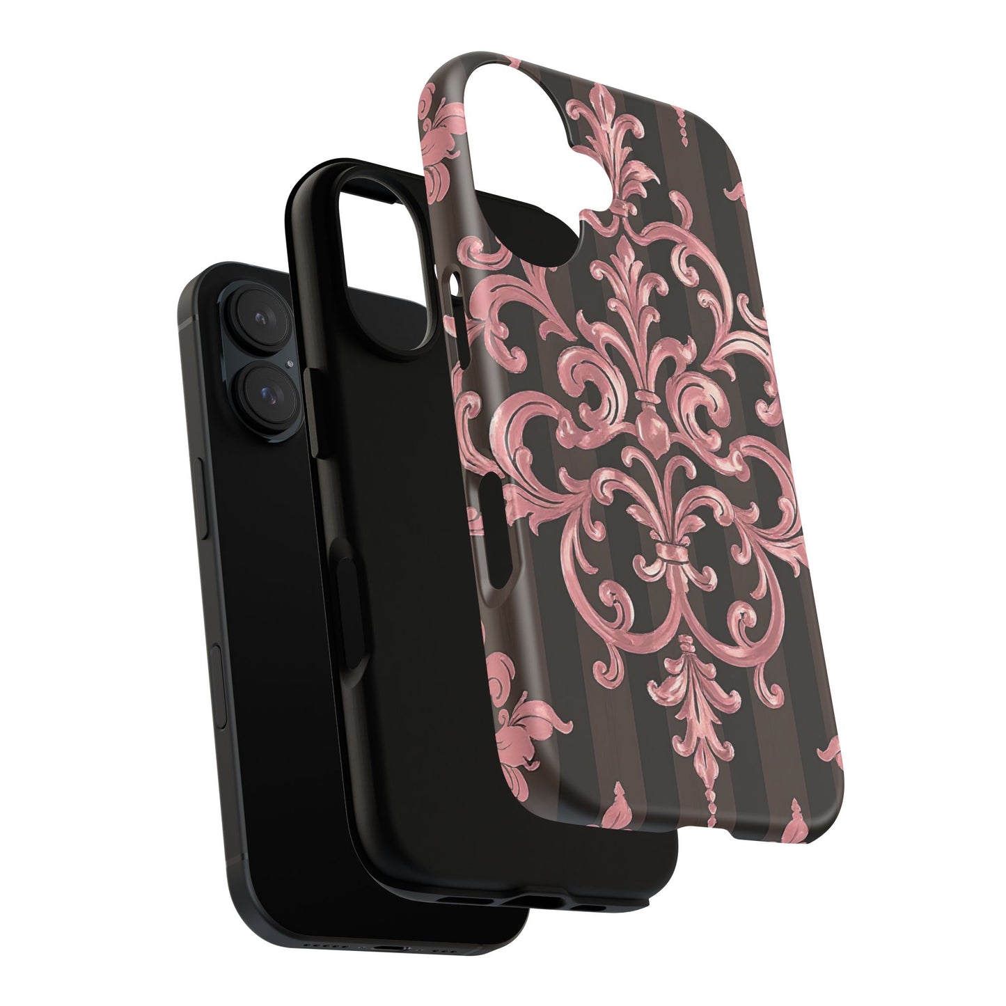Elegant Floral Motif Phone Case - Tough Cases with Vintage Design - Brown Striped Mauve Damask