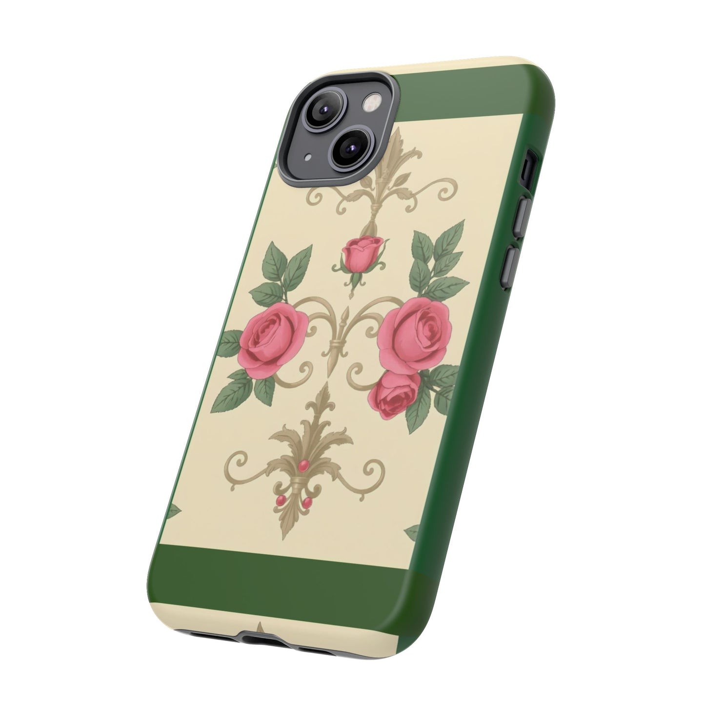Elegant Floral Motif Phone Case - Tough Cases with Vintage Design - Green Border Roses & Damask