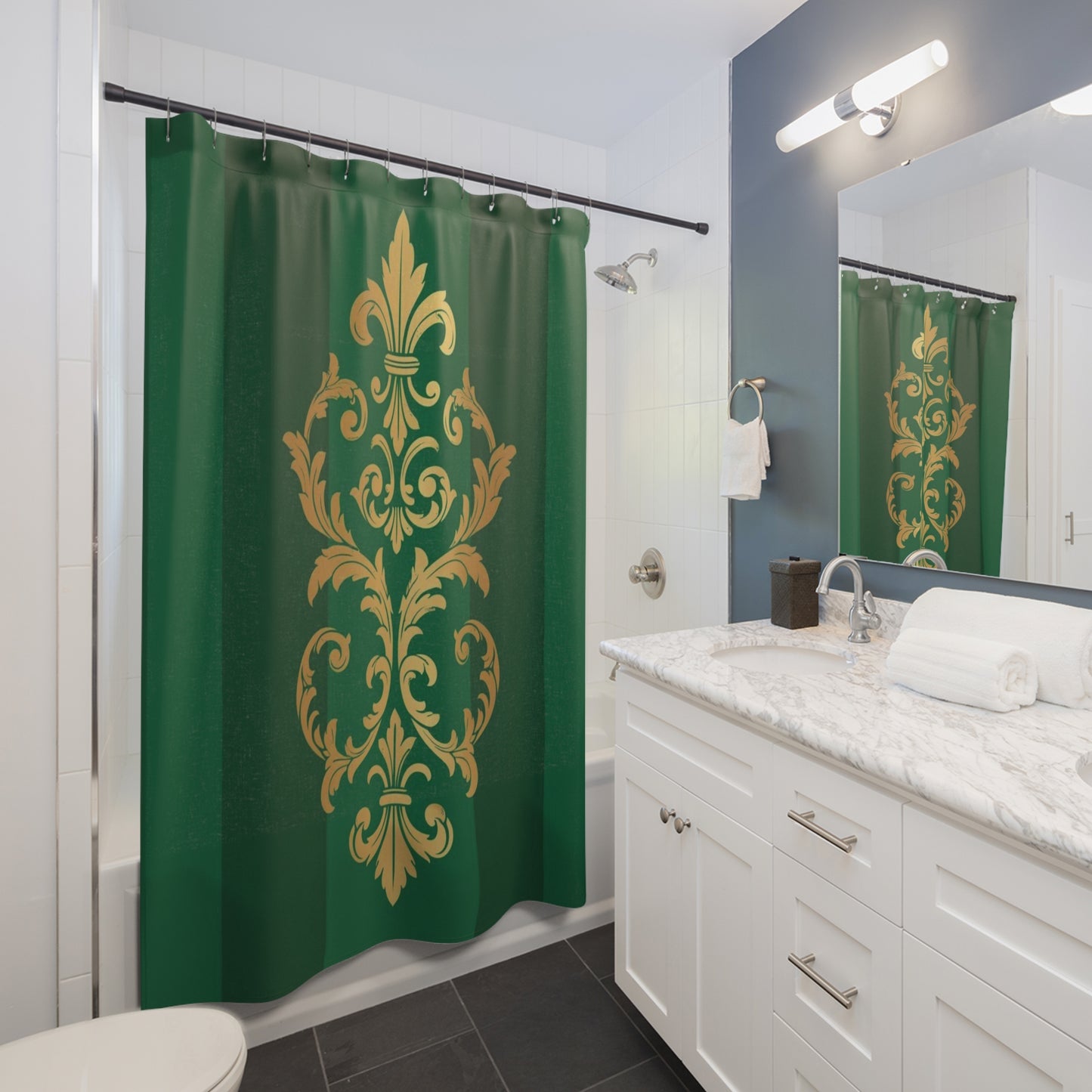 Green Striped Baroque Gold Shower Curtain — Luxurious Baroque Bath Decor