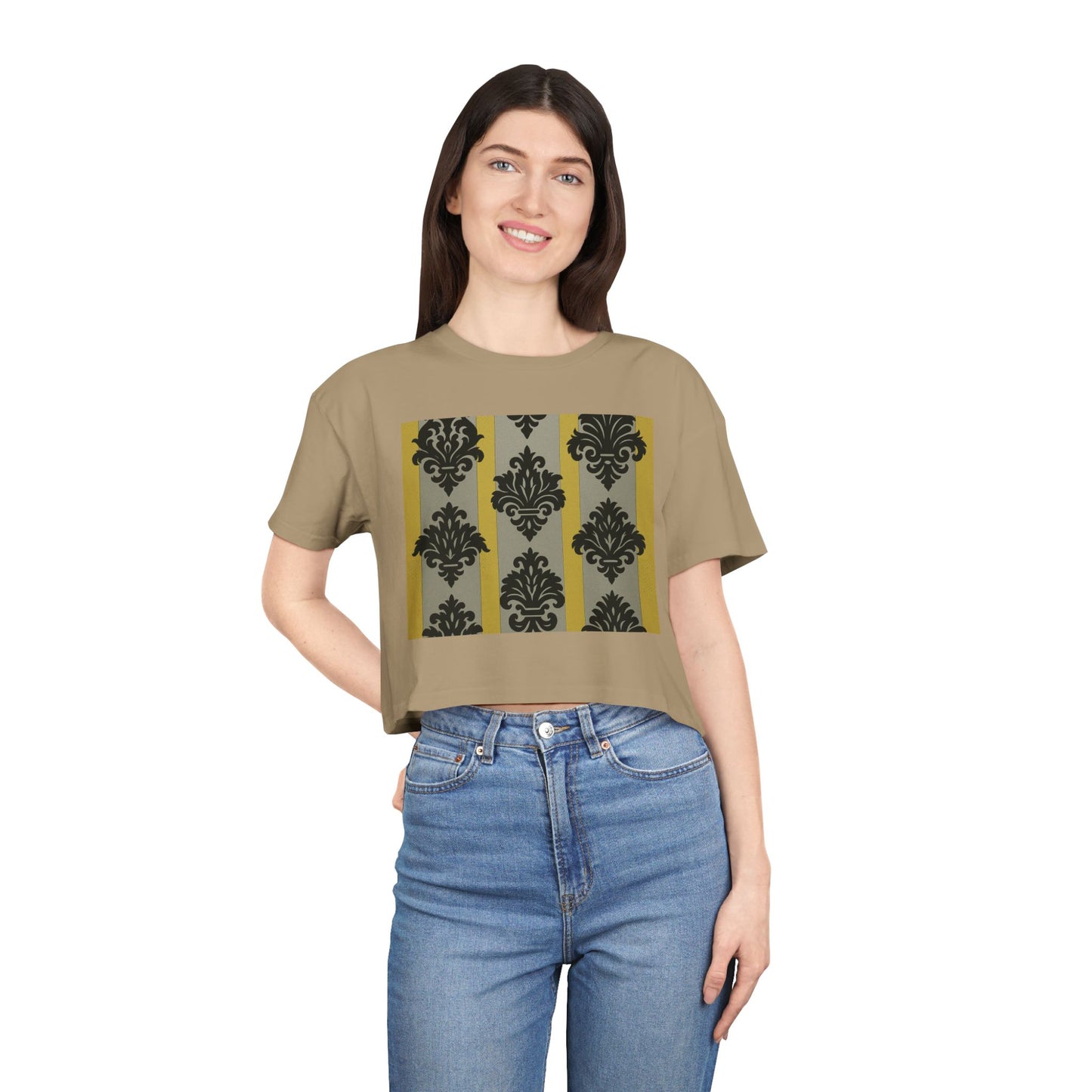 Chic Vintage Crop Tee | Stylish Women's Tee for Casual Outings, Gifts, Festivals, Layering, Everyday Wear - Silver & Gold Striped Black Baroque