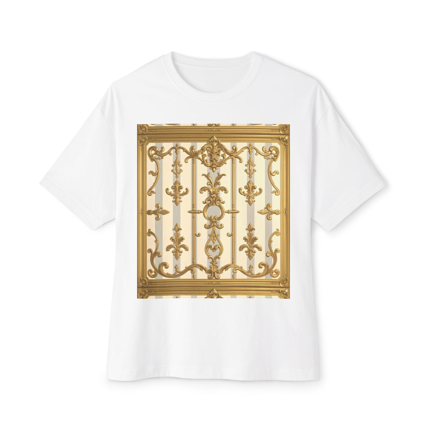 Golden Art Unisex Oversized Tee, Graphic Tee, Trendy Streetwear, Casual Shirt - Matte Gray & Cream Striped Gold Baroque