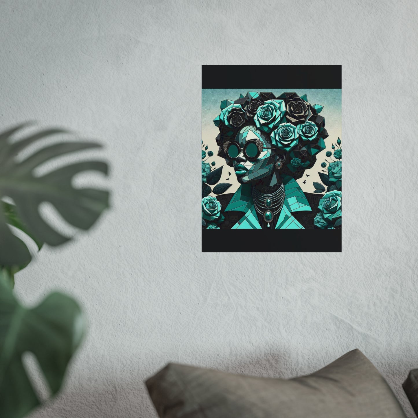 Chic Floral Fine Art Poster | Modern Wall Decor, Home Aesthetic, Gift for Art Lovers, Unique Room Makeover - Turquoise & Black Roses Lady