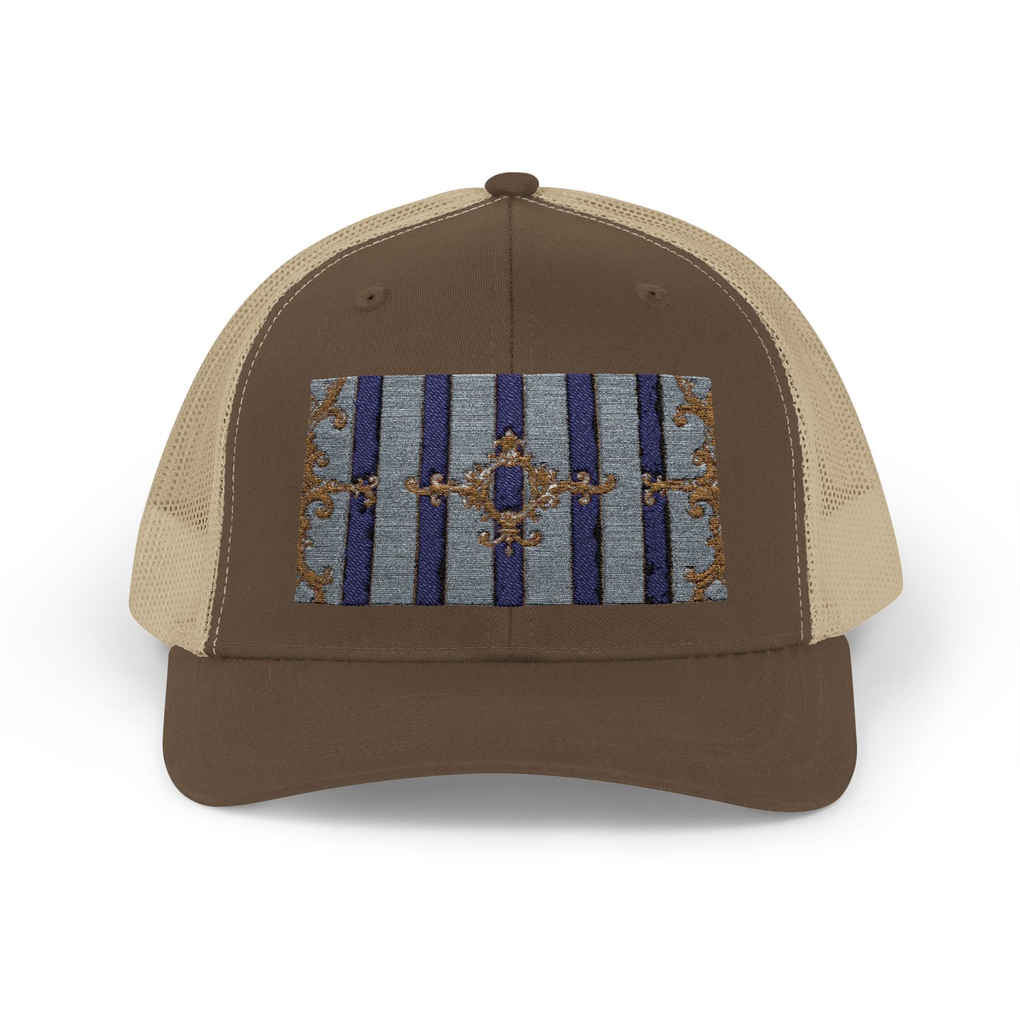 Stylish Snapback Trucker Cap with Vibrant Pattern, Trendy Hat for Outdoor Adventures, Casual Wear - Striped Gold Baroque