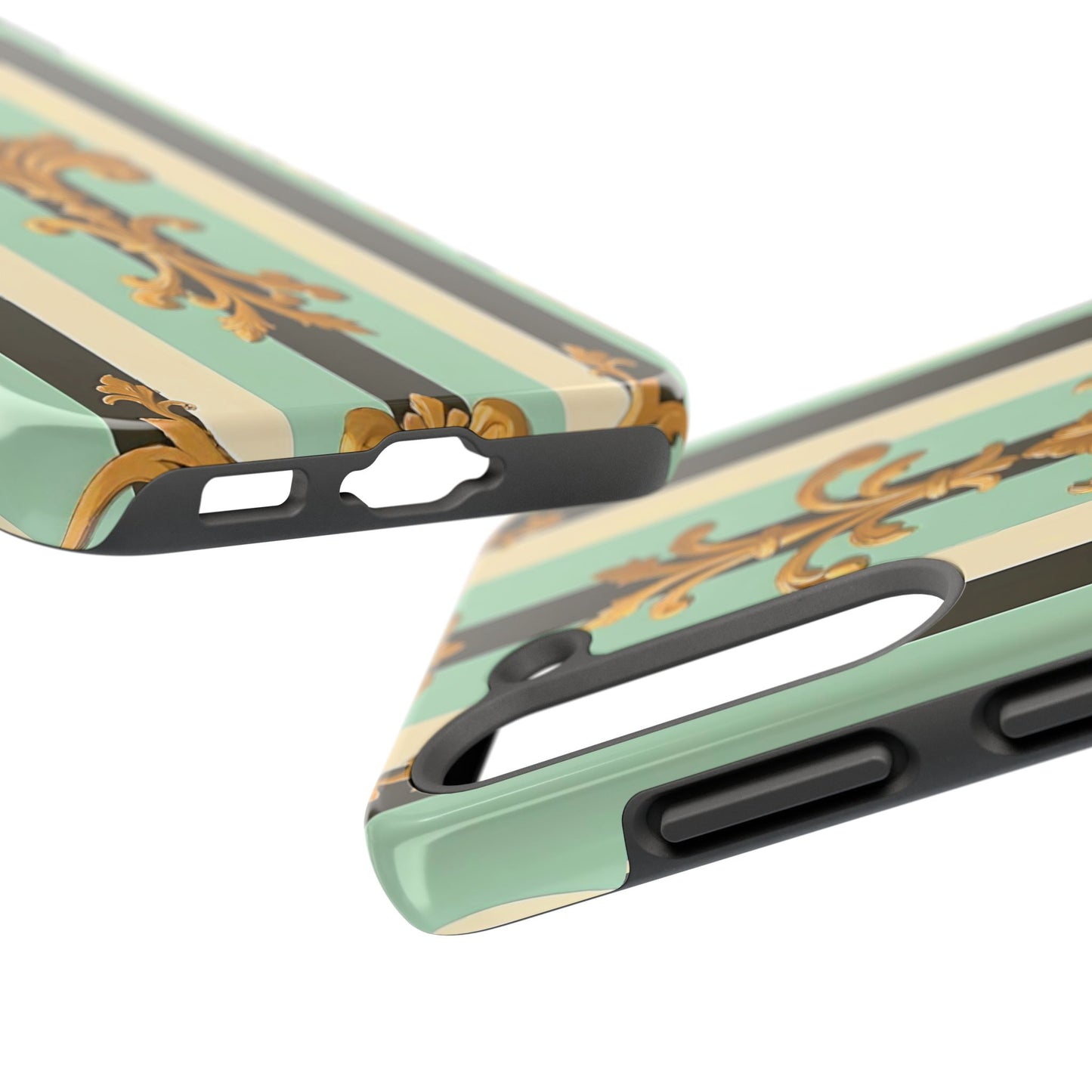 Elegant Floral Tough Phone Cases - Stylish Protection for All Occasions, Gifts for Her, Phone Covers - Black & Matte Mint Striped Rococo