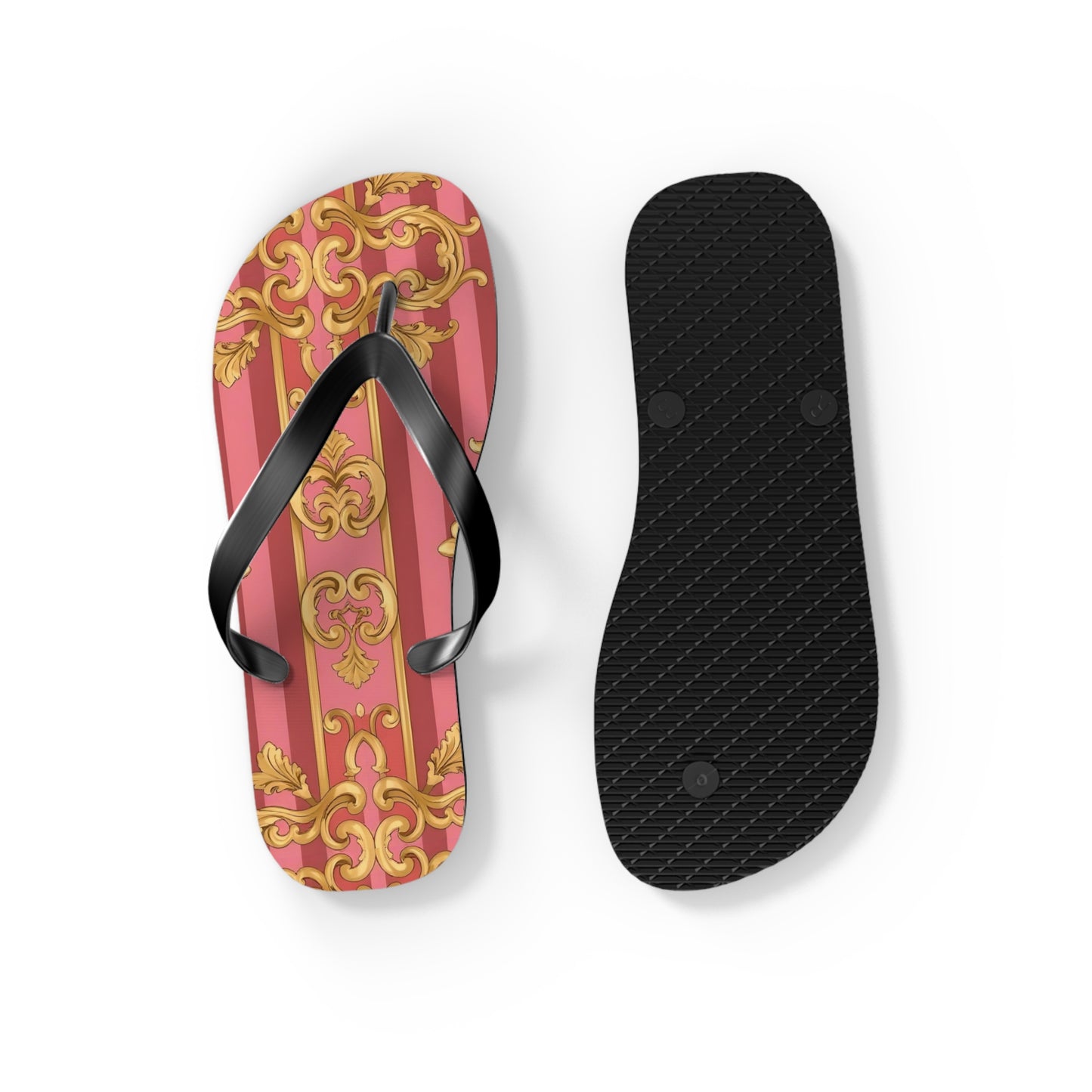 Elegant Floral Flip Flops, Summer Sandals, Beach Accessories, Vacation Footwear, Stylish Slip-Ons - Pink Striped Gold Baroque