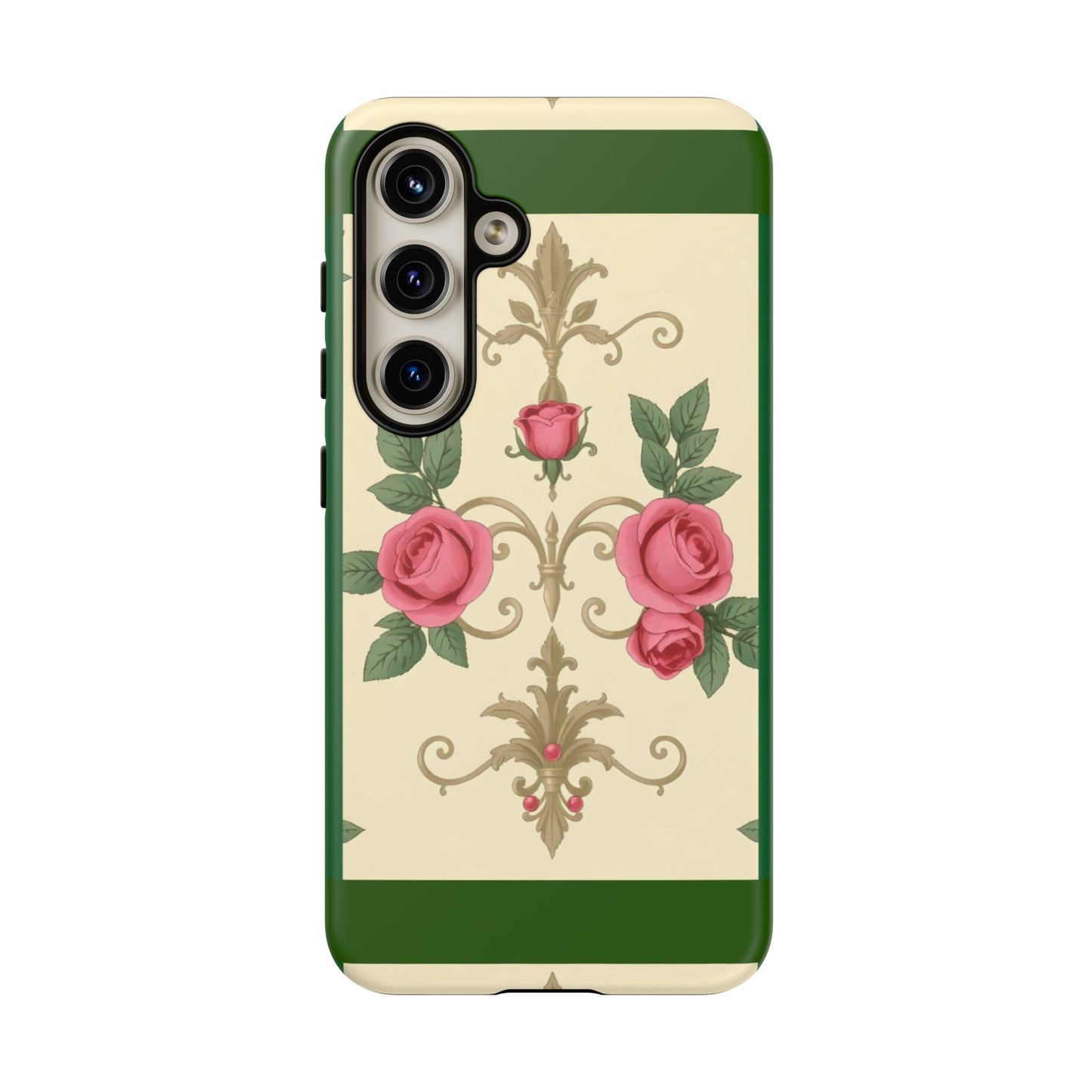 Elegant Floral Motif Phone Case - Tough Cases with Vintage Design - Green Border Roses & Damask