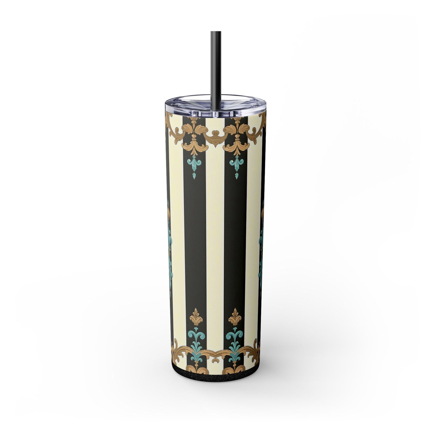 Elegant Stripe Skinny Tumbler | 20oz | Ideal Gift for Home, Office, Travel, Party, or Everyday Use - Black Striped Turquoise & Black Rococo