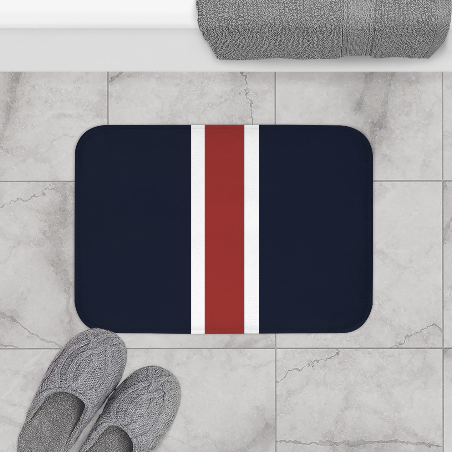 Lunar Midnight & Red-White Striped Bath Mat – Cozy Bathroom Decor, Gift for Housewarming, Modern Bath Rug, Beach Theme Accessory, Stylish Home