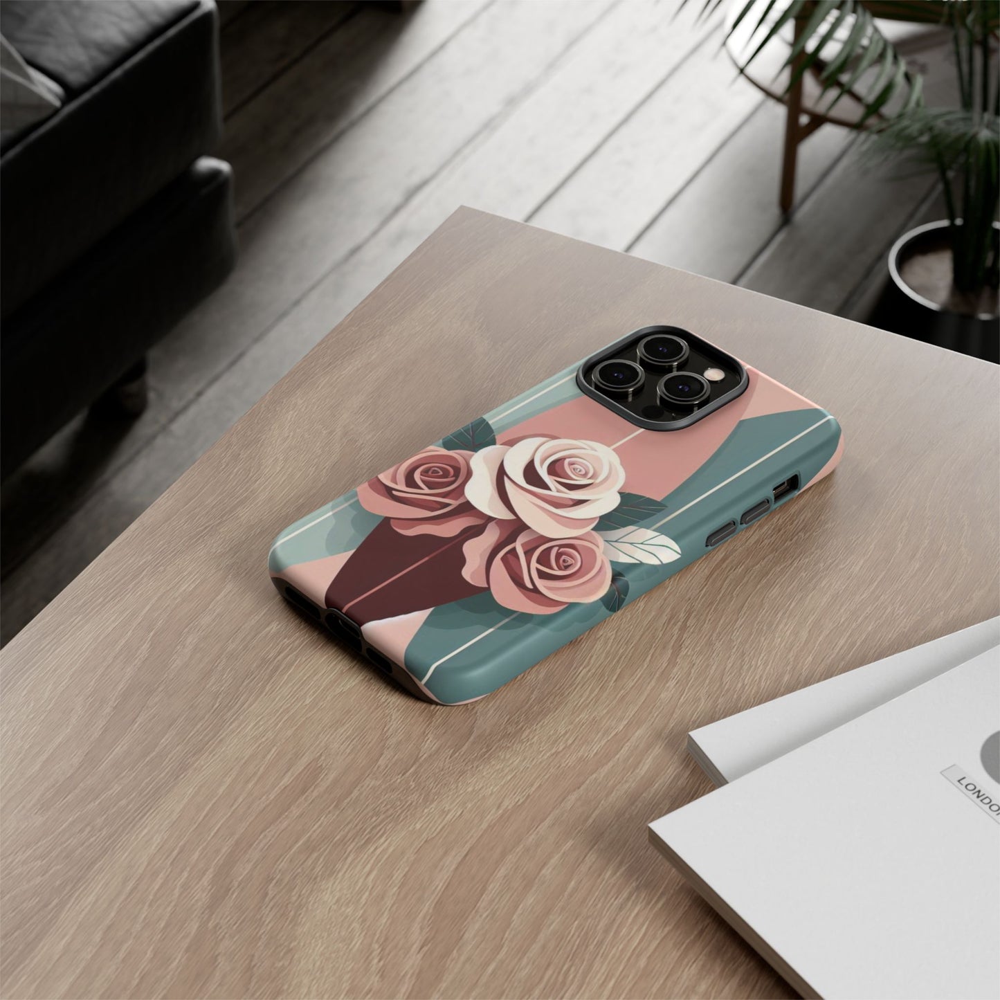 Phone Case - Burgundy, Matte Mauve & Teal Surfboard & Roses Design