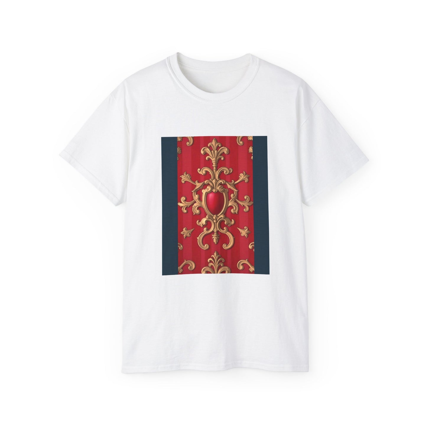 Regal Red Baroque T-Shirt, Artistic Tee, Gift for Art Lovers, Fashionable Statement Shirt, Unique Graphic Top - Blue, Red & White Striped Baroque