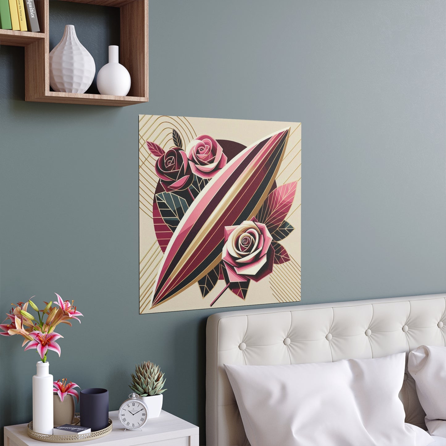 Elegant Floral Silk Poster - Indoor/Outdoor Wall Art for Home Decor - Pink & Burgundy Striped Surfboard & Roses