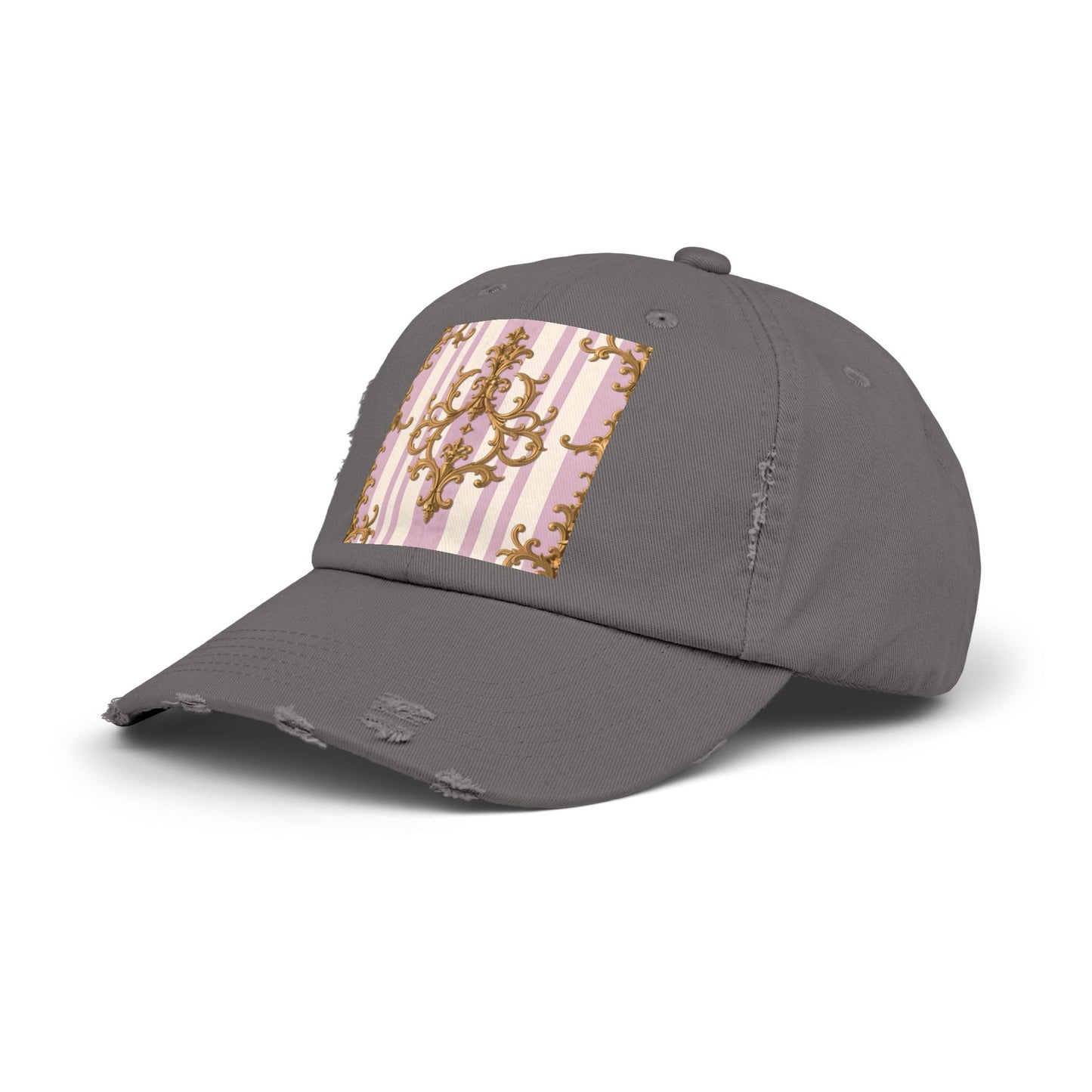 Chic Distressed Cap with Elegant Design | Trendy Accessory, Gift for Fashion Lovers, Perfect for Casual Outings - Lilac & Alabaster Striped Gold Baroque