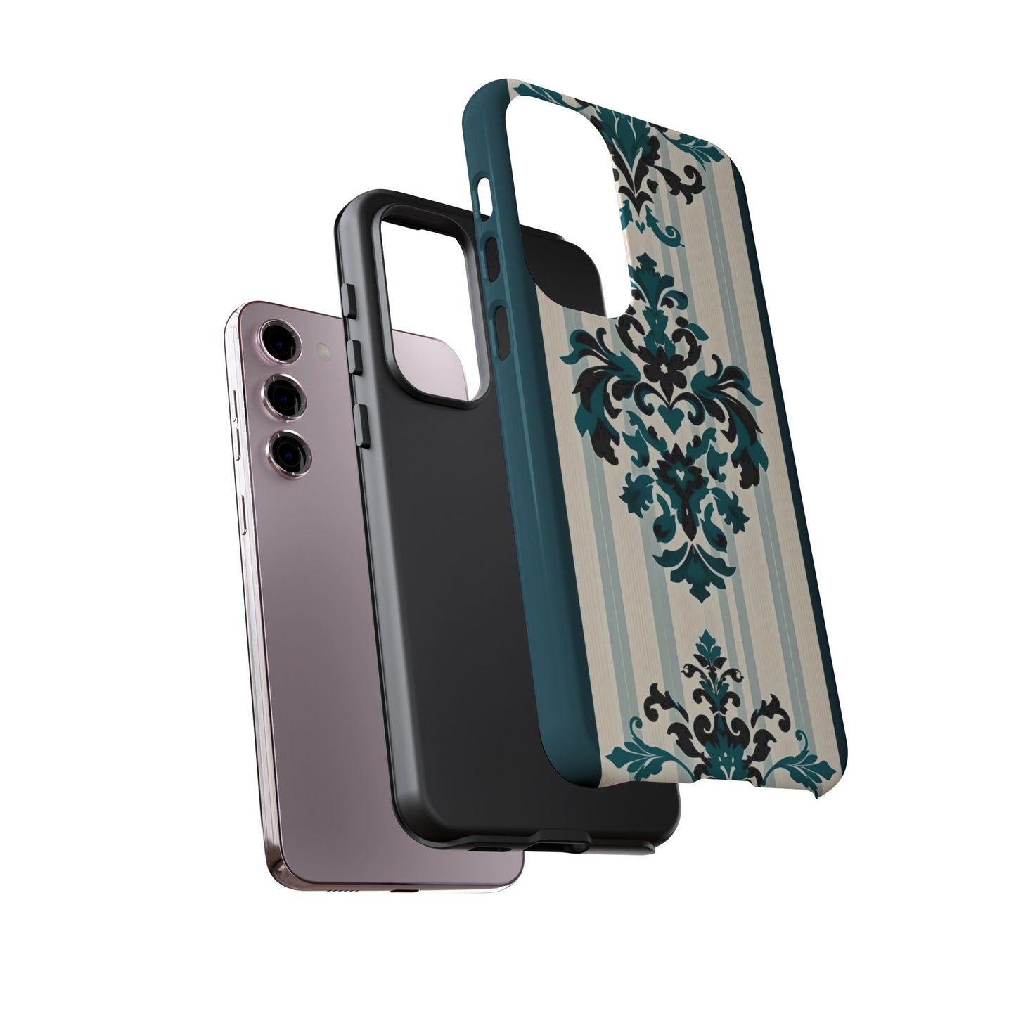 Elegant Floral Phone Case - Tough Cases with Vintage Design - Teal Striped Damask