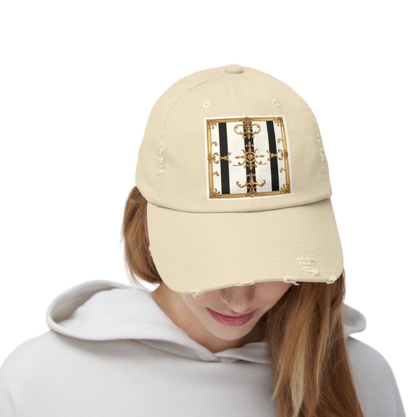 Stylish Distressed Cap with Unique Gold Design, Trendy Hat, Casual Wear, Gift for Him/Her - Black & White Striped Gold Baroque