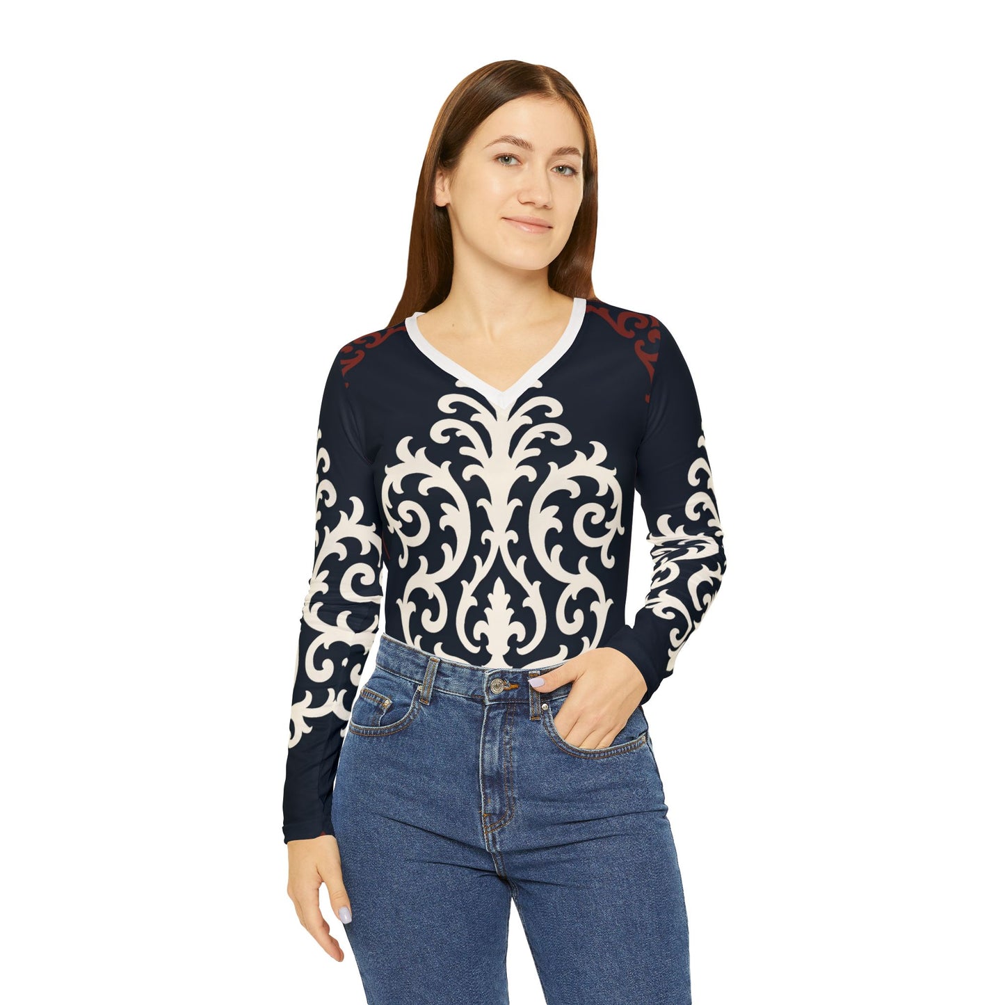 Dusk Blue & Maroon-White Baroque V-Neck Long Sleeve — Elegant Women's Patterned Top
