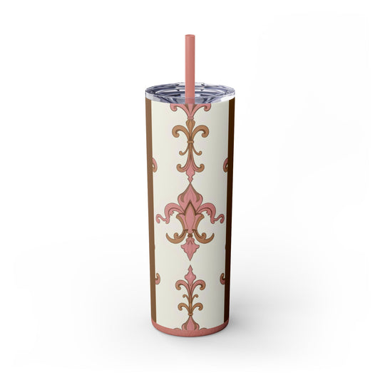 Elegant Floral Skinny Tumbler, 20oz Drinkware, Stylish Travel Mug, Wedding Gift, Personalized Gift, Eco-Friendly Cup - Brown Striped Pink Arabesque