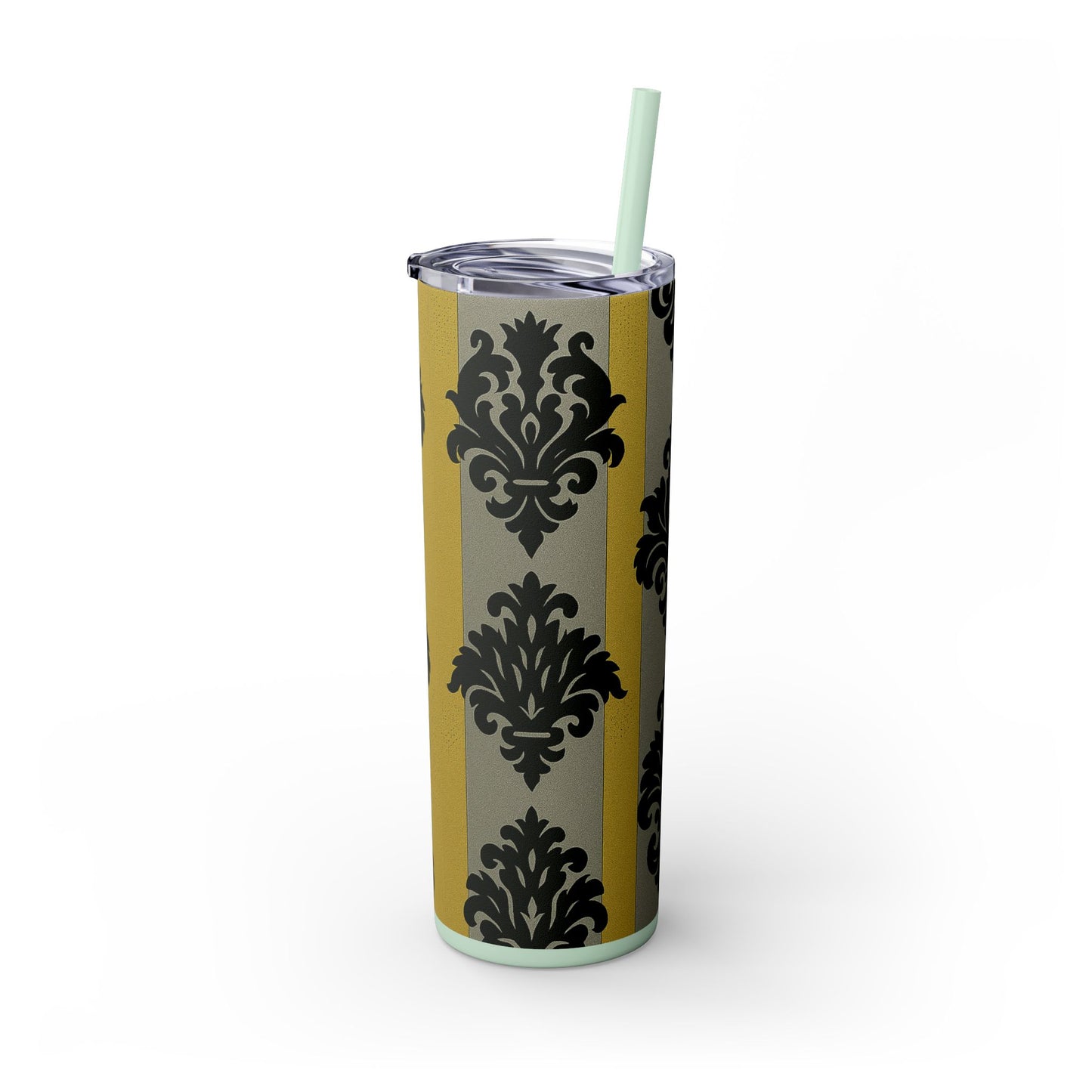 Elegant Baroque Skinny Tumbler, 20oz Travel Mug, Stylish Drinkware for Home or Office, Unique Gift for Her - Silver & Gold Striped Black Baroque