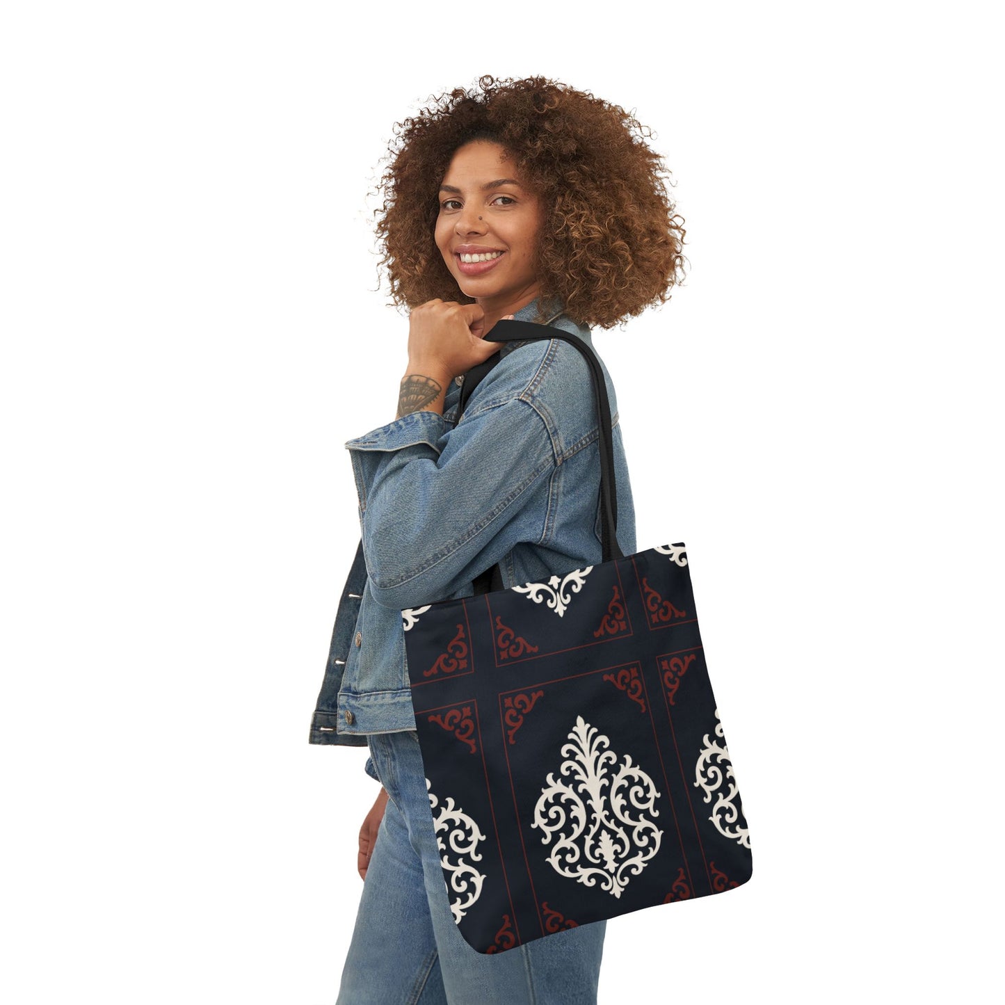 Dusk Blue-Maroon & White Baroque Pattern Canvas Tote Bag — Elegant Dusk Blue & White Reusable Market Bag