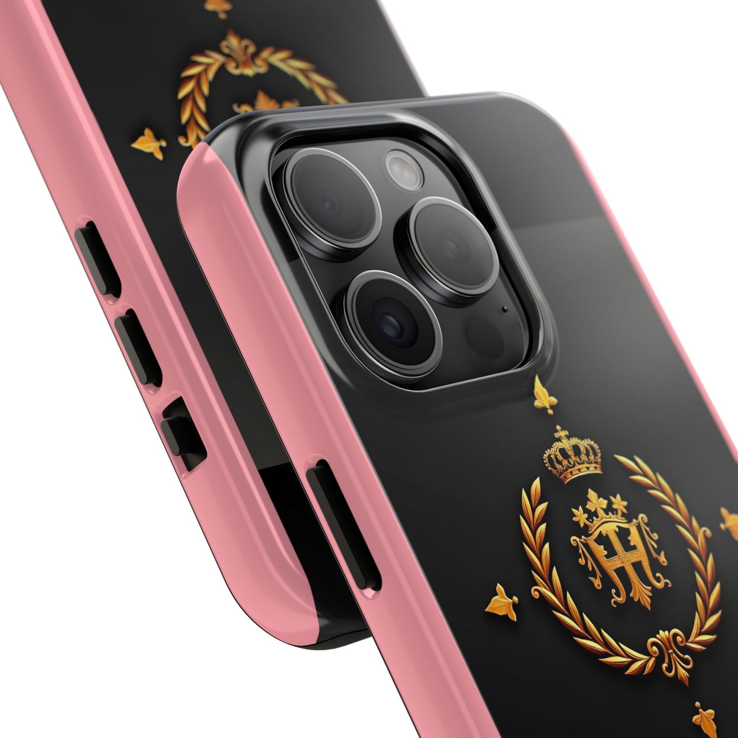 Tough Phone Case with Regal Design - Elegant Phone Protection, Gift for Him/Her, Royalty Inspired - Pink Striped Gold Crest