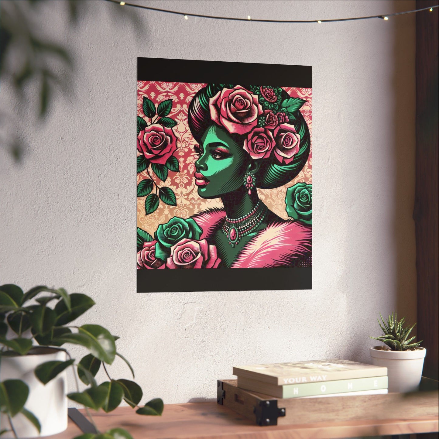 Floral Afro Art Poster - Elegant Matte Vertical Wall Decor - Emerald Green Lady With Damask & Roses