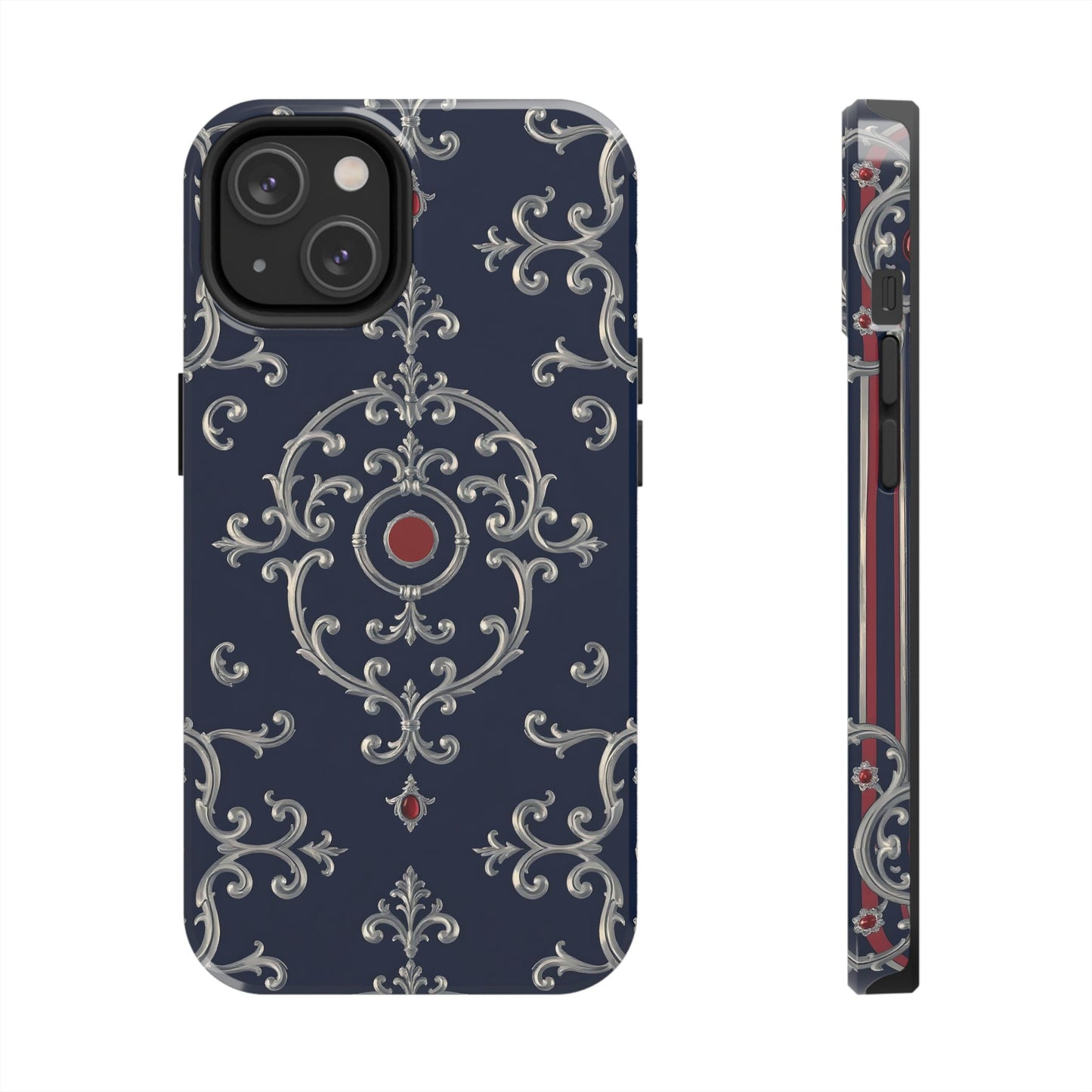 Elegant Patterned Tough Phone Cases for Stylish Protection, Gift for Her, Unique Accessories - Blue & Red Striped Silver Baroque
