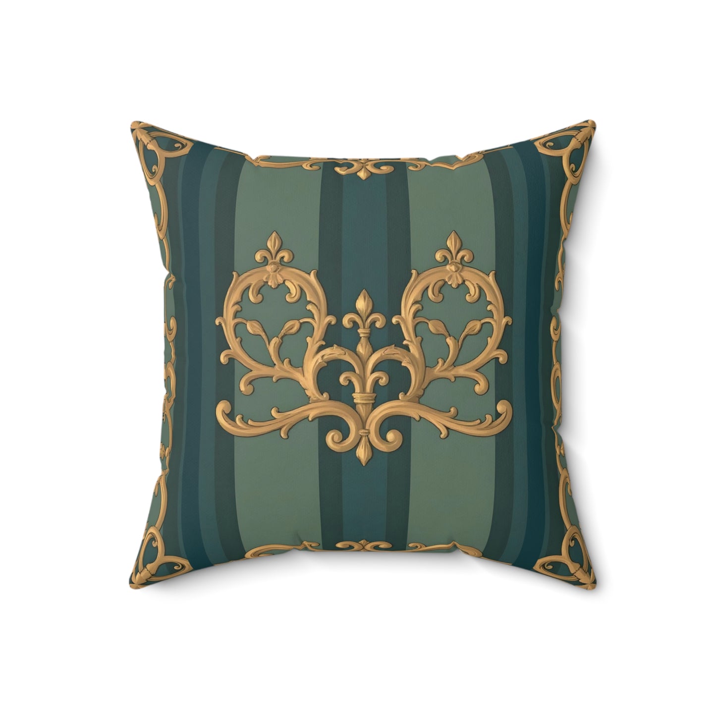 Luxurious Ornate Faux Suede Pillow | Decorative Square Cushion, Elegant Home Decor, Couch Accent - Smoky Blue & Teal Striped Baroque