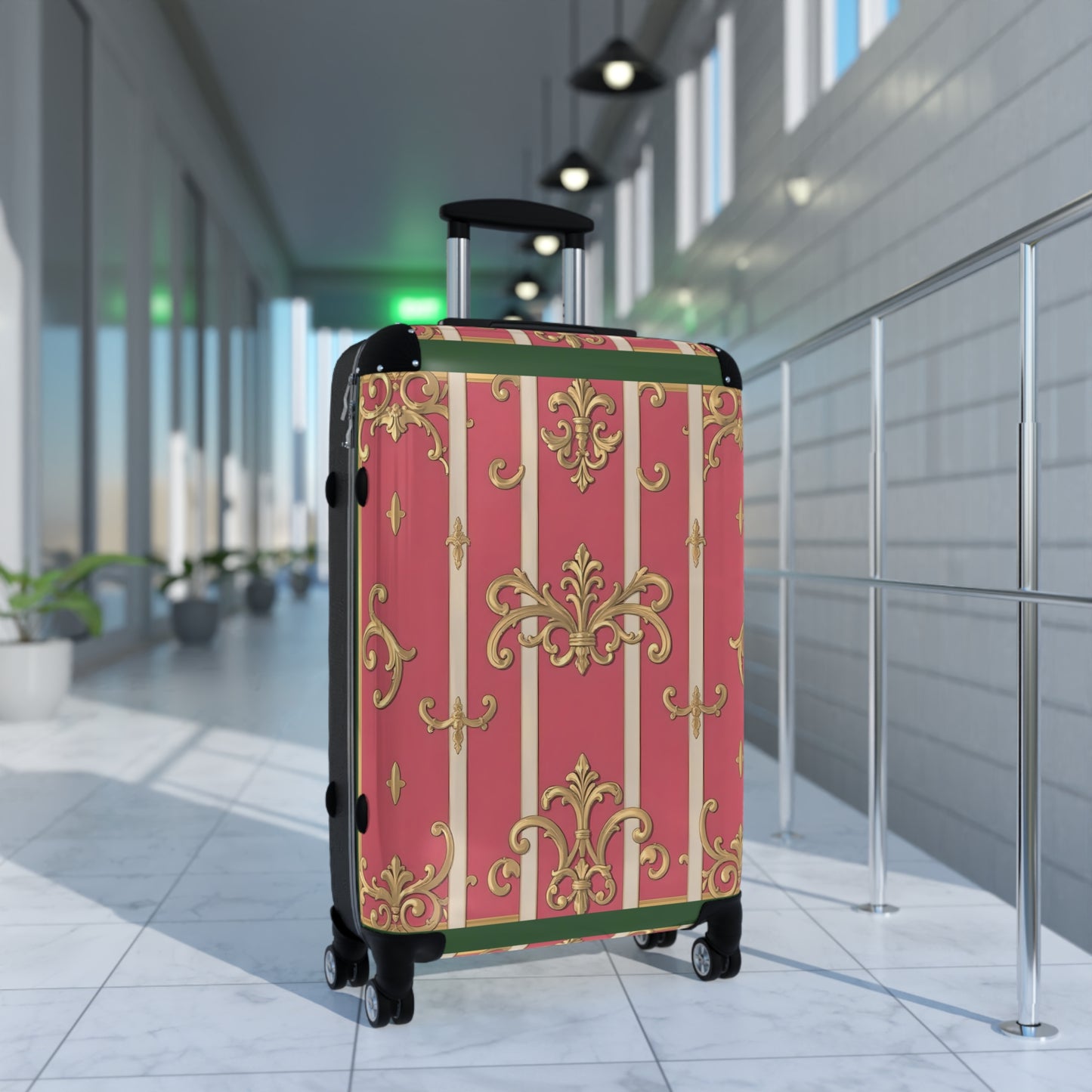 Elegant Green Border Pink Striped Baroque Suitcase for Travelers, Stylish Luggage for Vacations and Getaways, Gift for Adventure Lovers