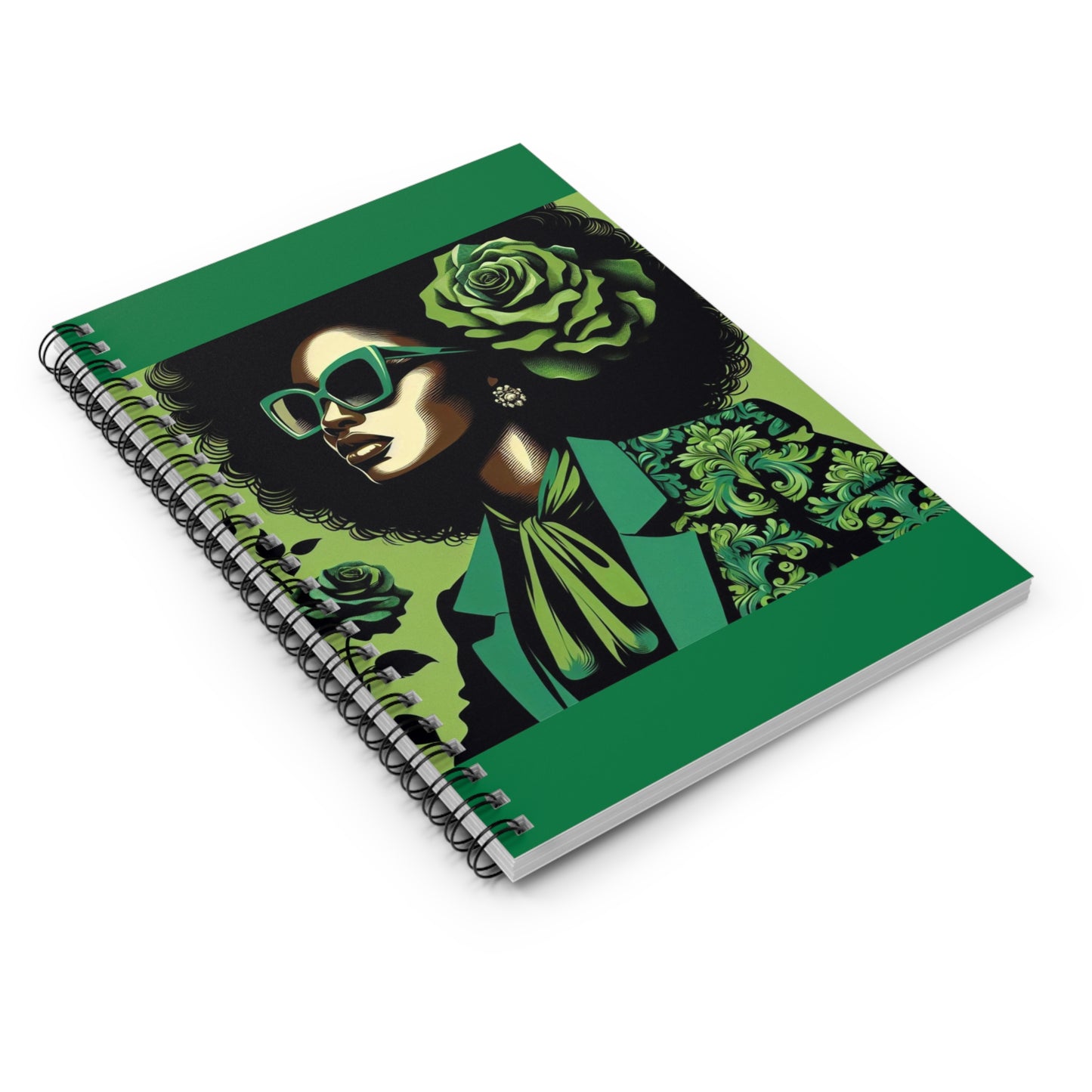 Chic Afro-Influenced Spiral Notebook - Ruled Lines, Gift for Art Lovers, Journal for Thoughts, Stylish Stationery - Lady in Green Damask