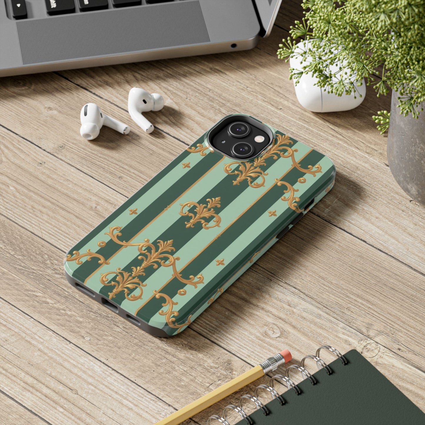 Elegant Floral Tough Phone Cases | Stylish Phone Protection, Gift for Her, Trendy Accessory, Unique Decor - Mint Green & Teal Striped Gold Baroque