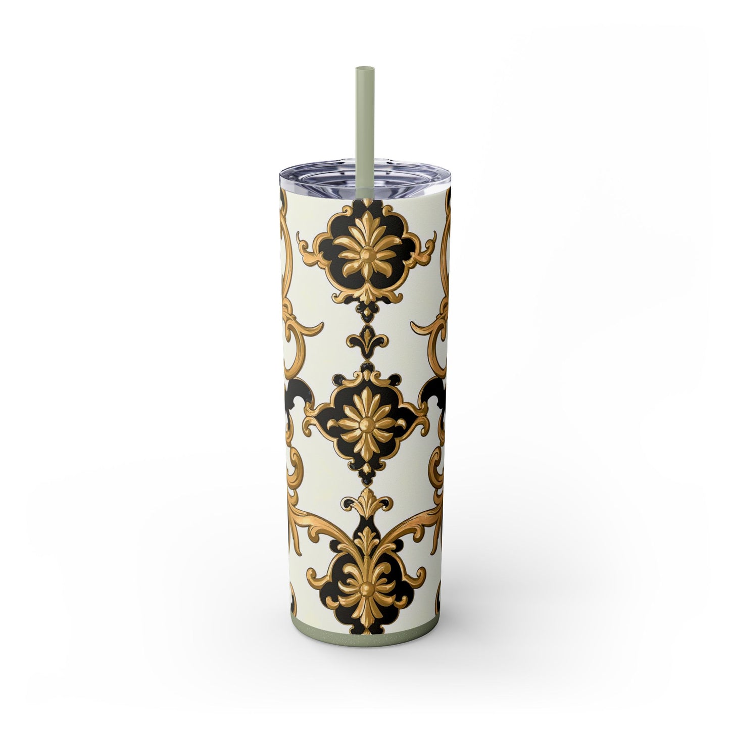 Elegant Gold Floral Skinny Tumbler, 20oz | Insulated Cup for Hot & Cold Drinks, Travel Mug, Gift for Mom, Stylish Drinkware - Black & Gold Rococo