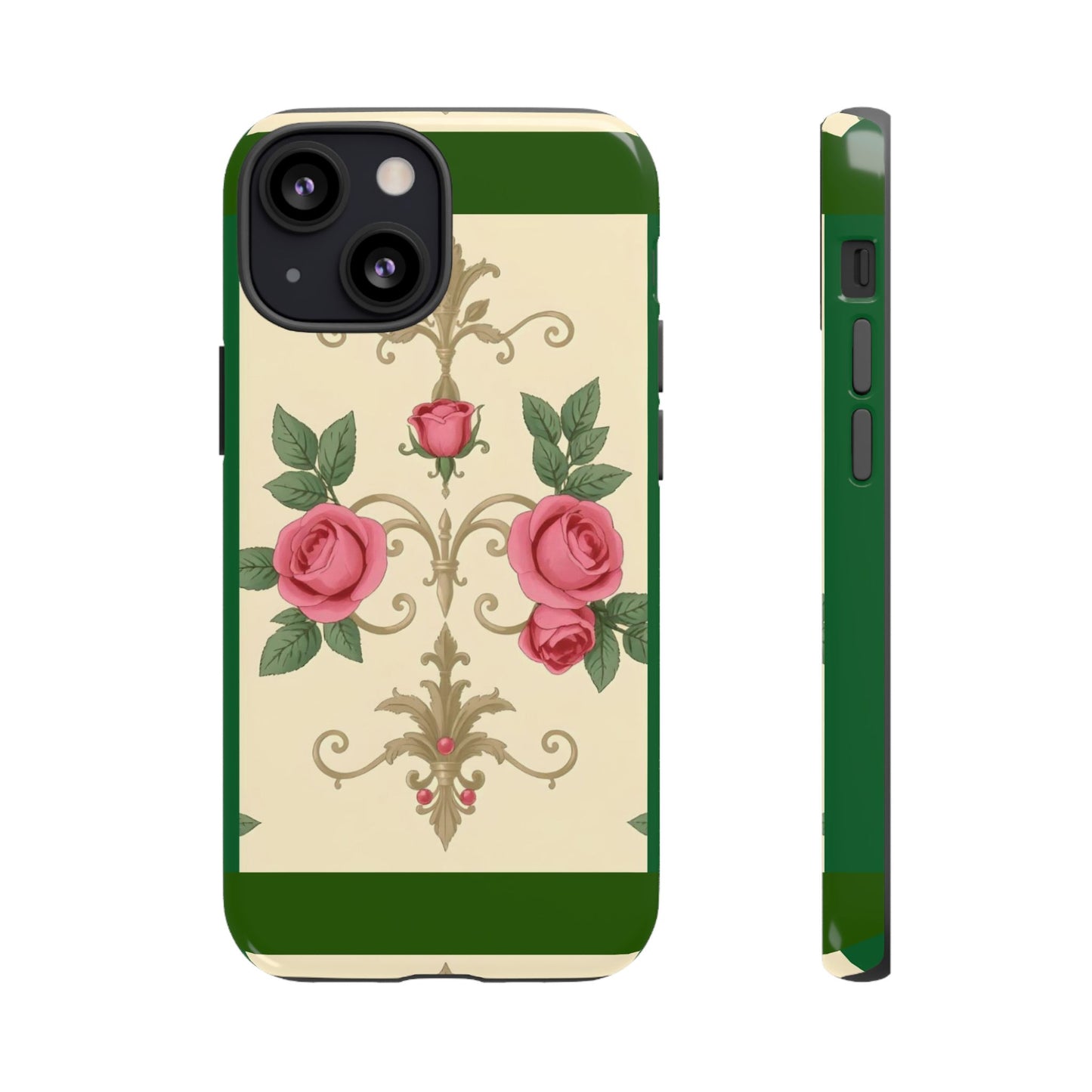 Elegant Floral Motif Phone Case - Tough Cases with Vintage Design - Green Border Roses & Damask