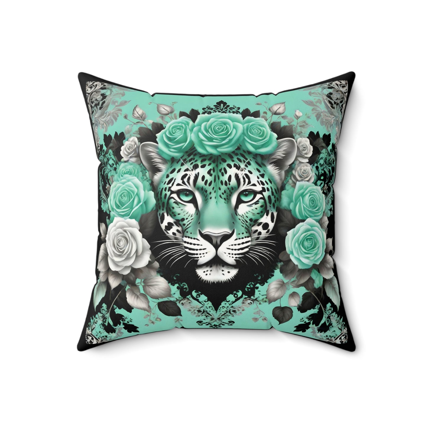 Floral Leopard Faux Suede Pillow - Artistic Home Decor - Mint Green Leopard
