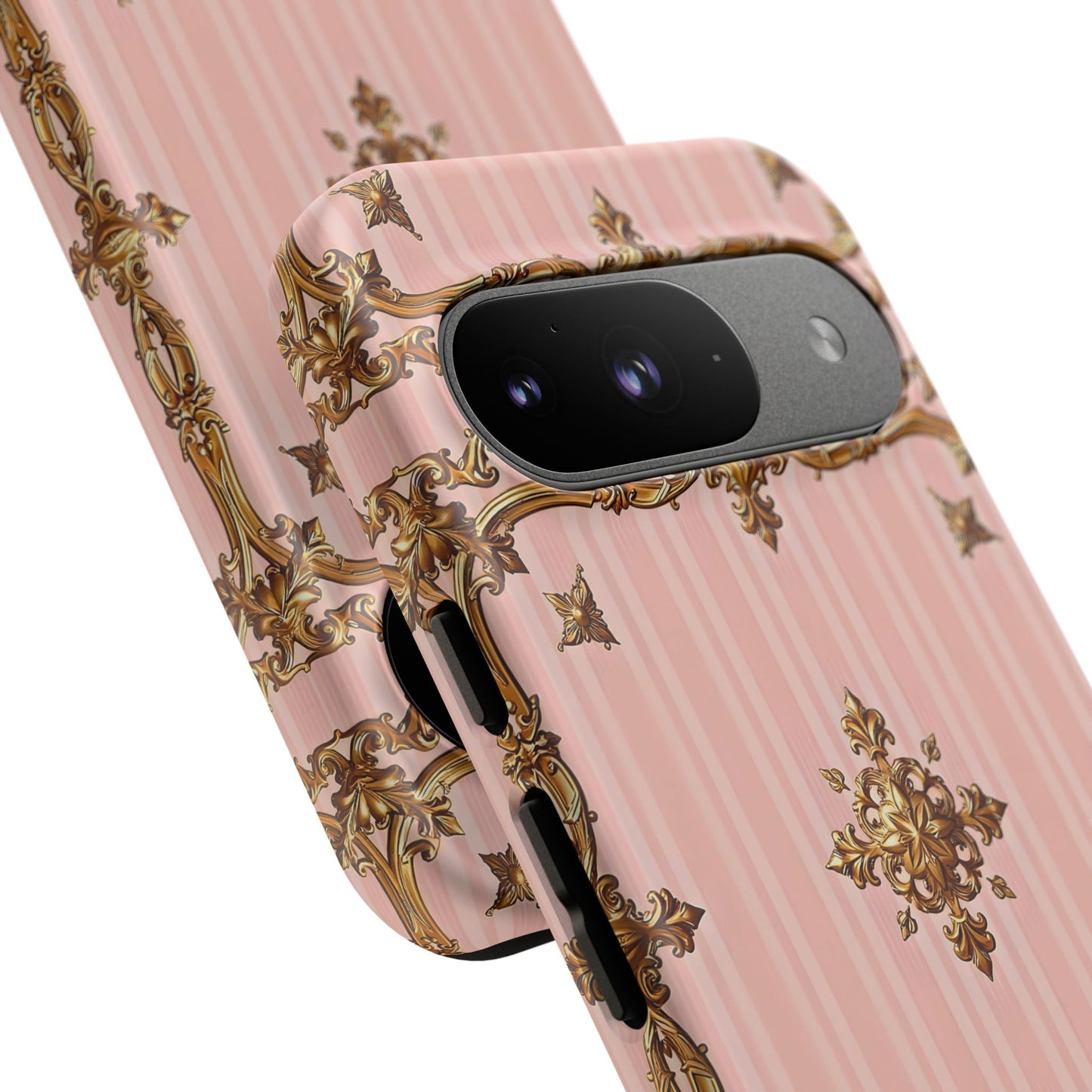Elegant Floral Phone Case, Tough Cases for Women, Trendy Phone Cover, Chic Gift - Pink Striped Gold Baroque