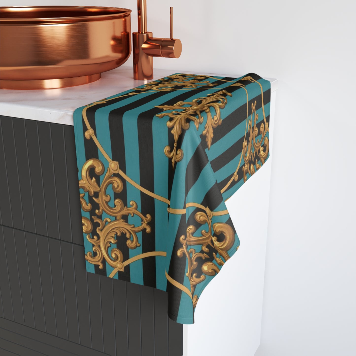 Luxurious Turquoise & Black Striped Gold Baroque Decorative Hand Towel, Glamorous Kitchen Decor, Elegant Gift for Her, Sophisticated Bathroom Towel
