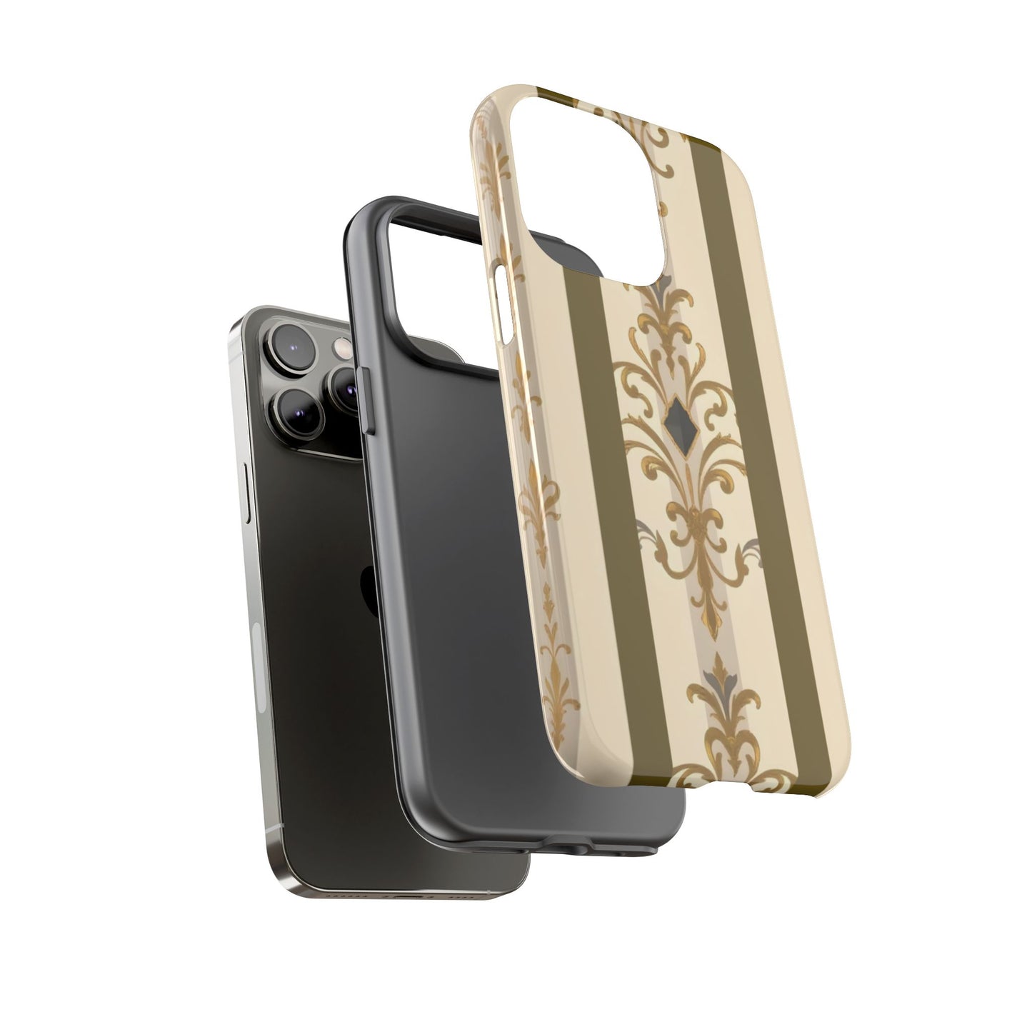 Elegant Floral Motif Phone Case - Tough Cases with Vintage Design - Olive Striped Gold Damask